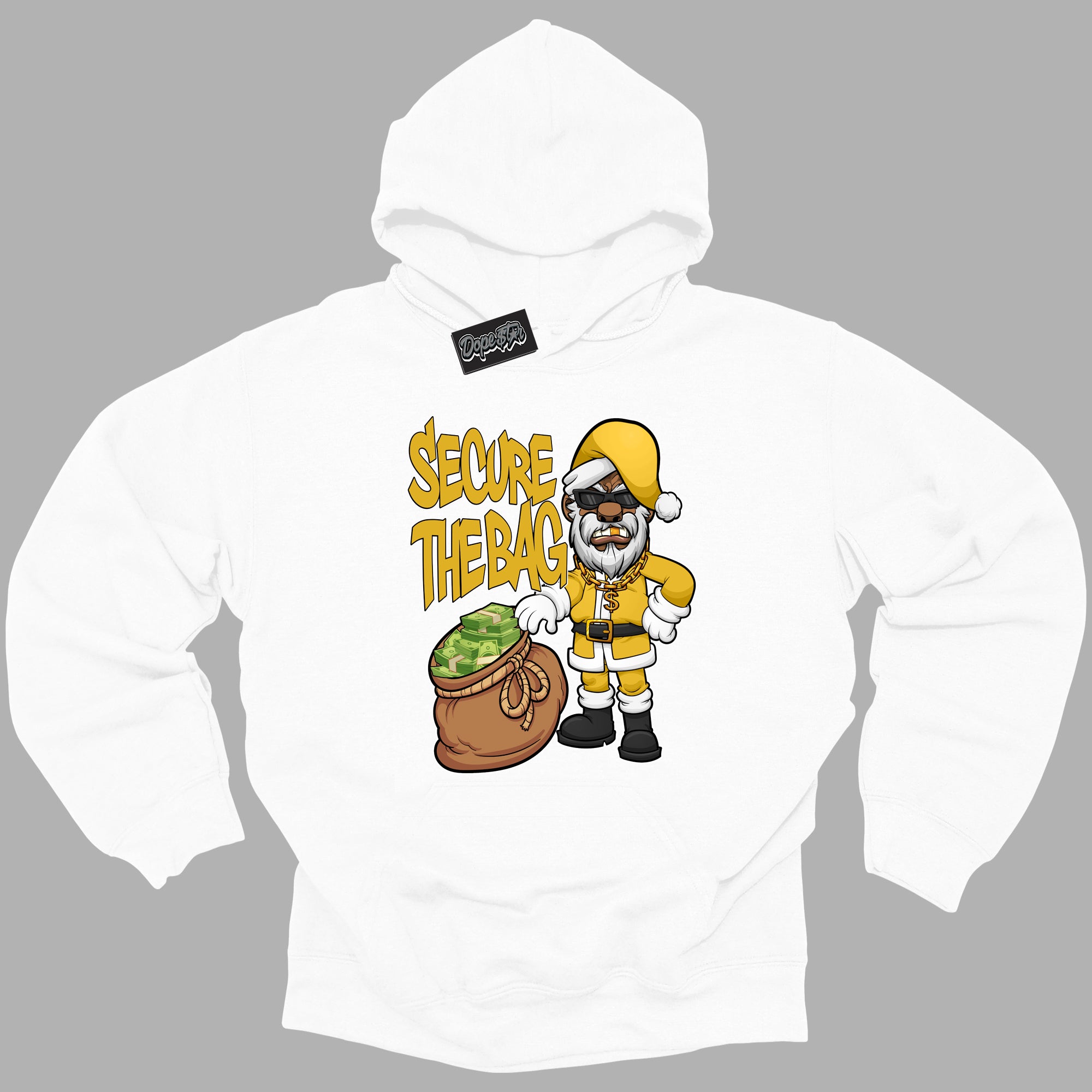 Cool White Hoodie with “ Secure The Bag Santa ” design that Perfectly Matches Yellow Ochre 6s Sneakers.