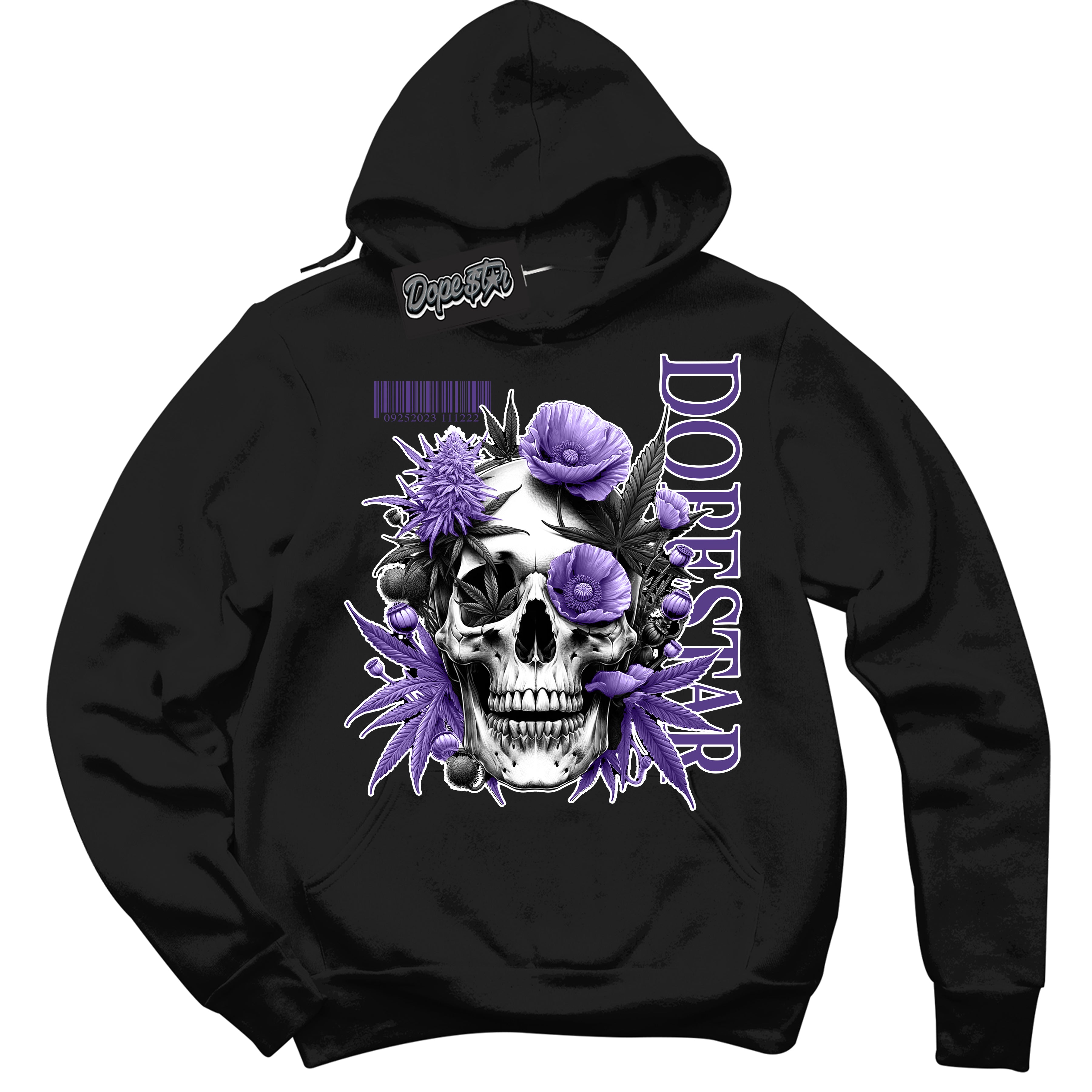 Cool Black Hoodie with “ Skull Poppies ” design that Perfectly Matches Protro Court Purple 8s Sneakers.