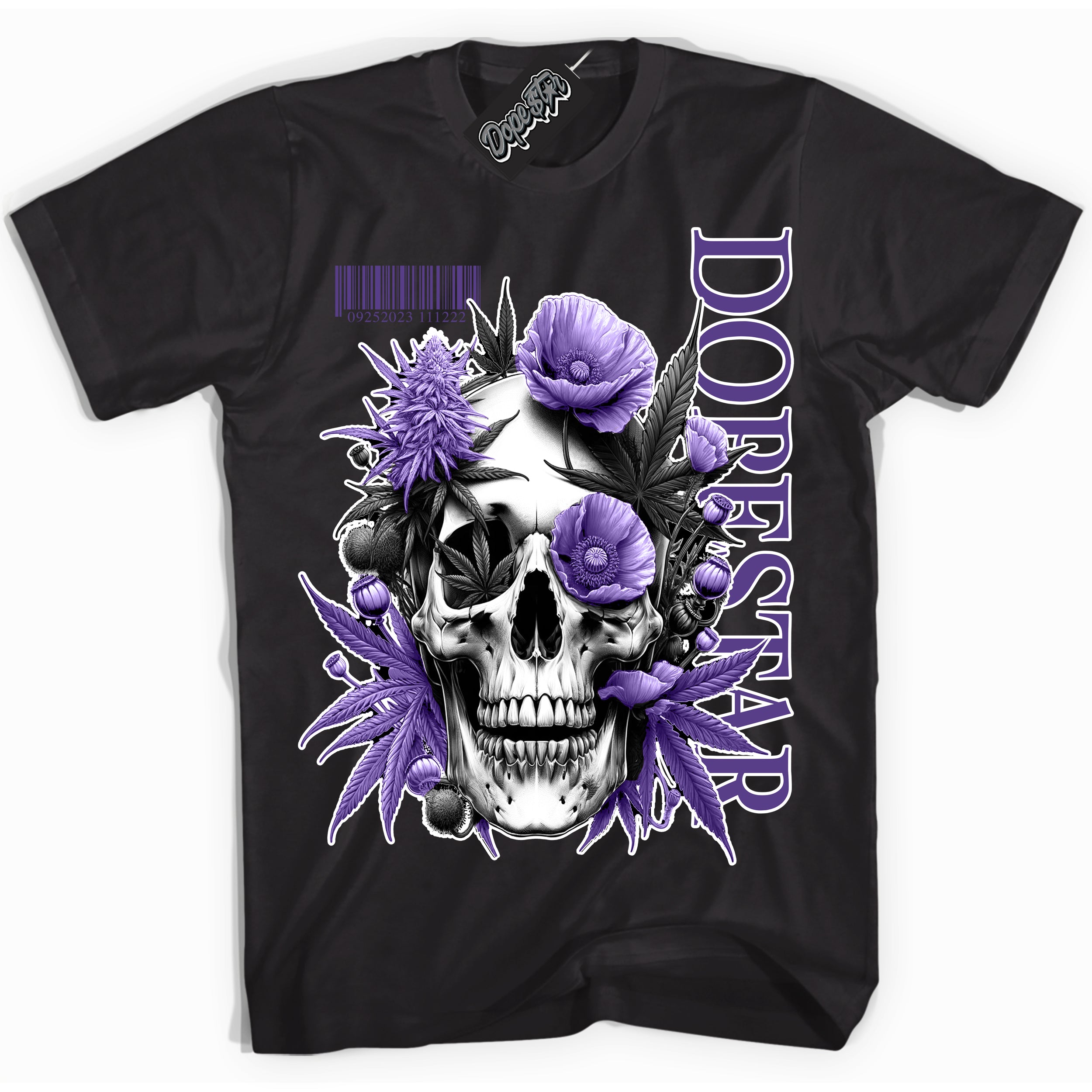 Cool Black Shirt with “ Skull Poppies” design that perfectly matches Protro Court Purple 8s Sneakers.