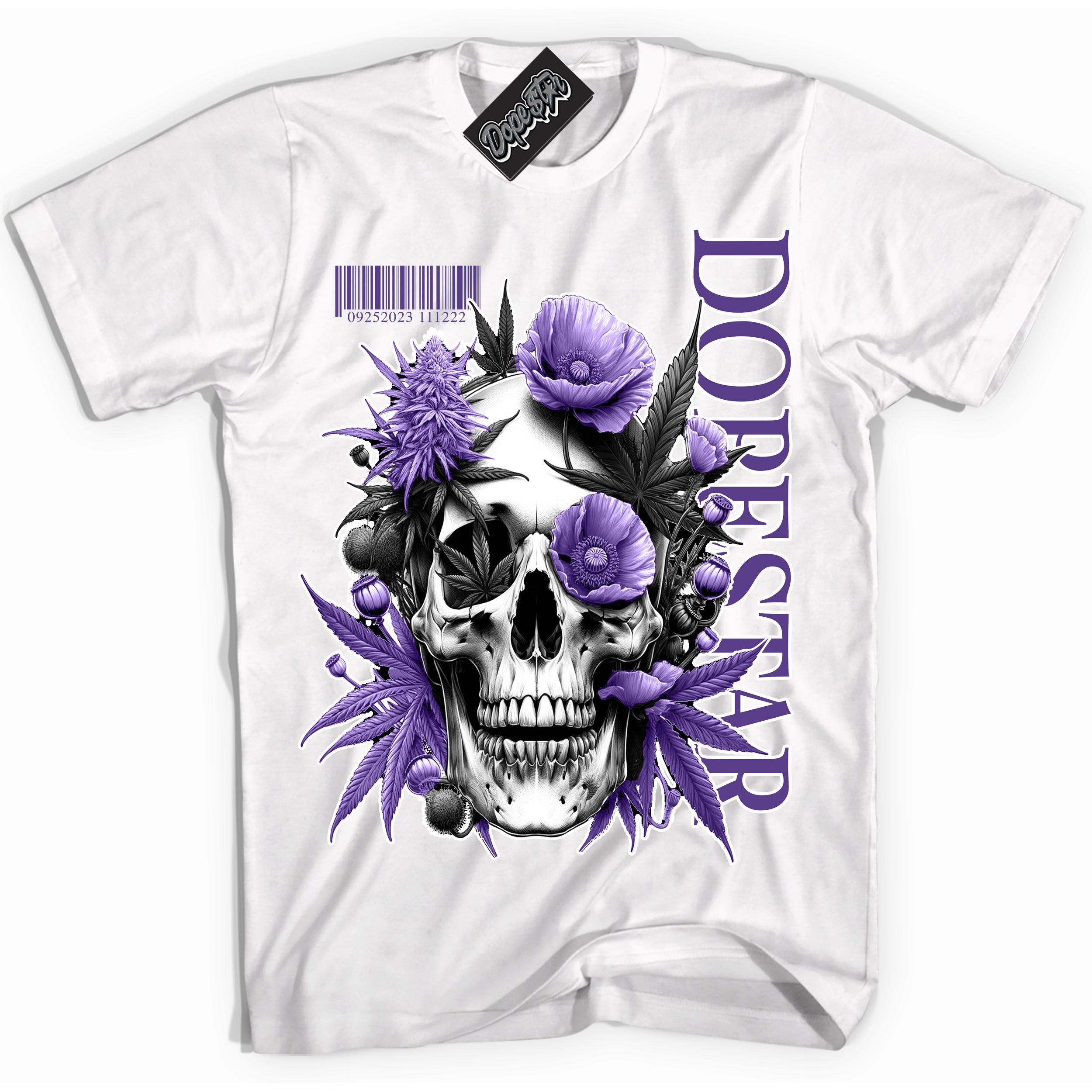 Cool White Shirt with “ Skull Poppies” design that perfectly matches Protro Court Purple 8s Sneakers.
