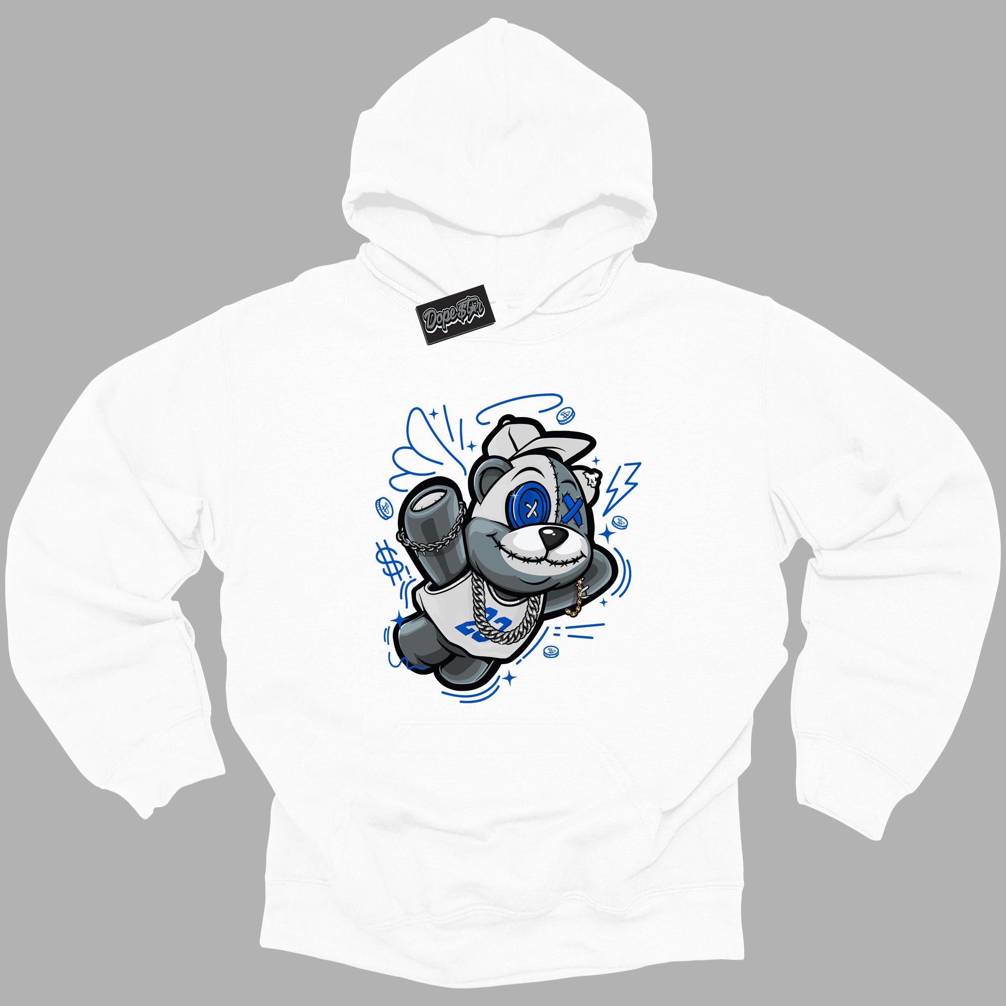 Cool White Hoodie with “ Slam Dunk Bear ” design that Perfectly Matches Royal Reimagined 1s Sneakers.