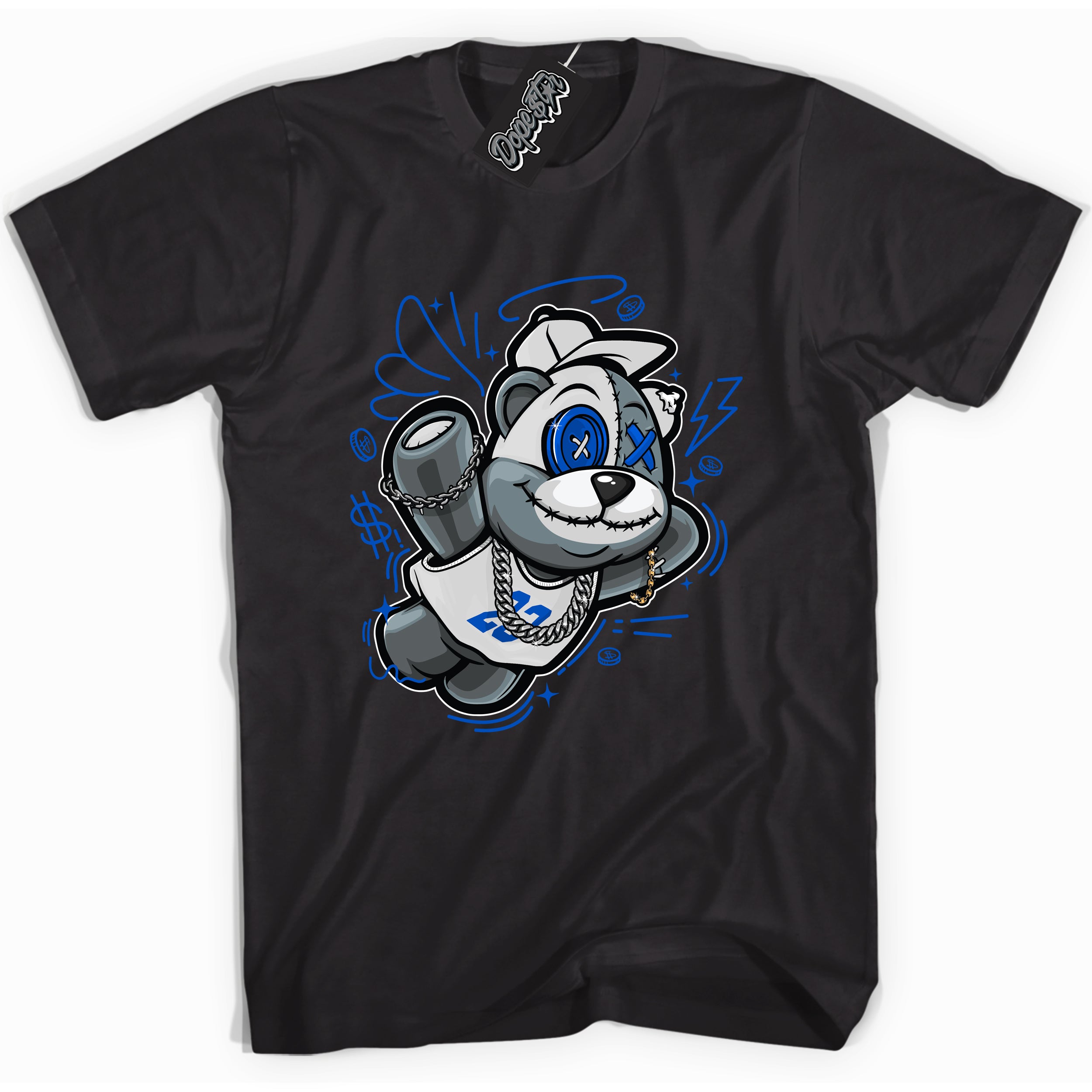 Cool Black graphic tee with Slam Dunk Bear print, that perfectly matches OG Royal Reimagined 1s sneakers