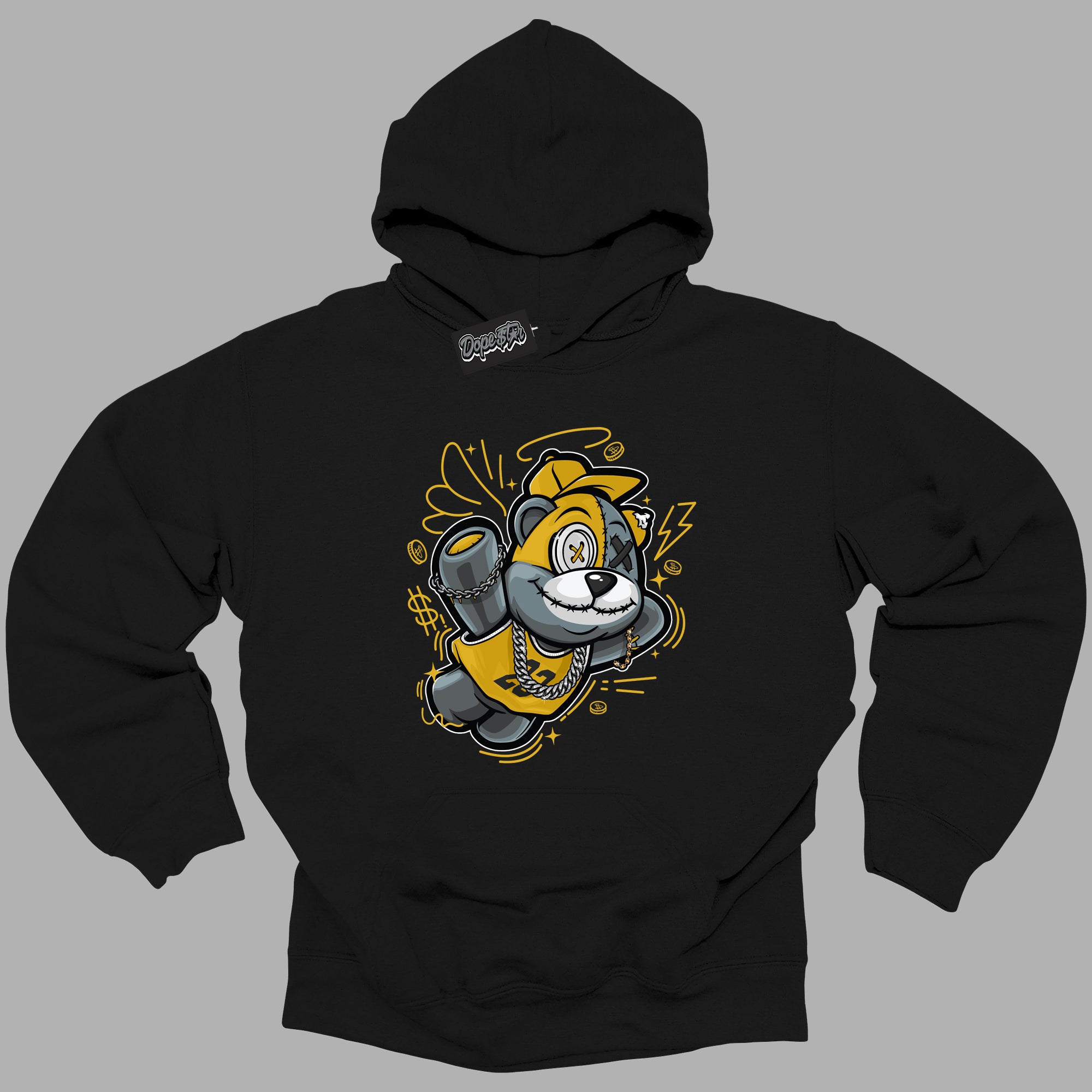 Cool Black Hoodie with “ Slam Dunk Bear ” design that Perfectly Matches Yellow Ochre 6s Sneakers.