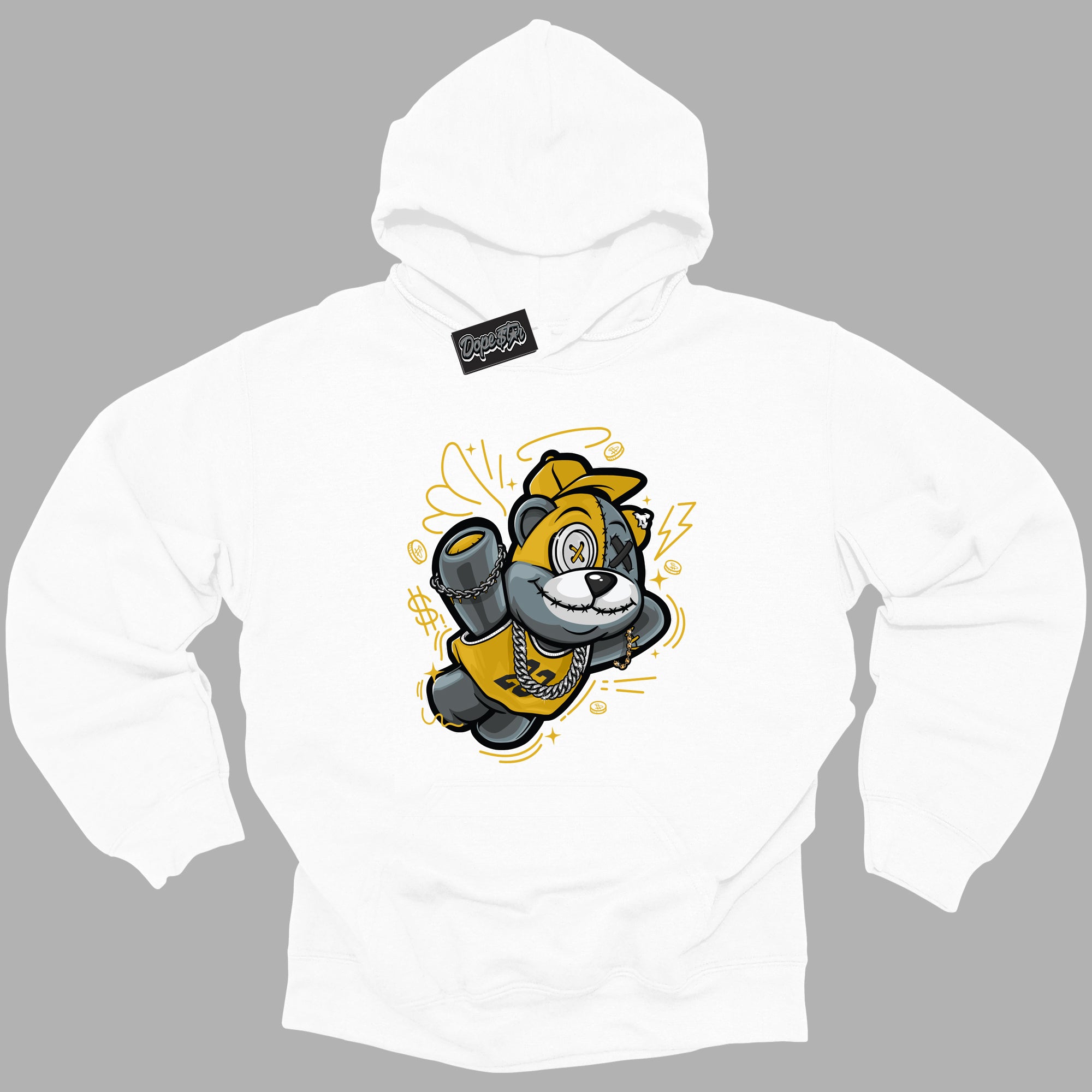 Cool White Hoodie with “ Slam Dunk Bear ” design that Perfectly Matches Yellow Ochre 6s Sneakers.
