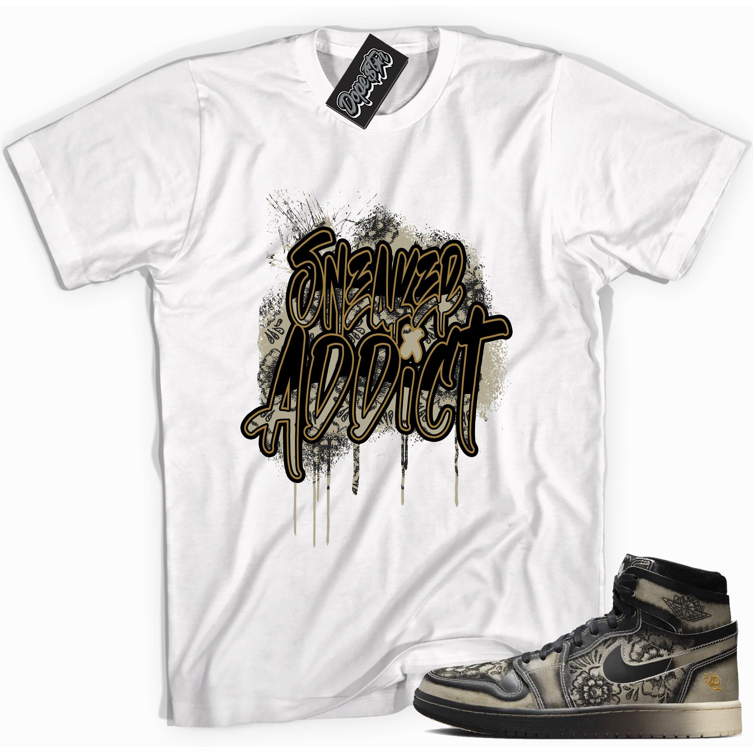 Cool White graphic tee with “ Sneaker Addict ” print, that perfectly matches Air Jordan 1 High Zoom Comfort 2 Dia de Muertos Black and Pale Ivory sneakers