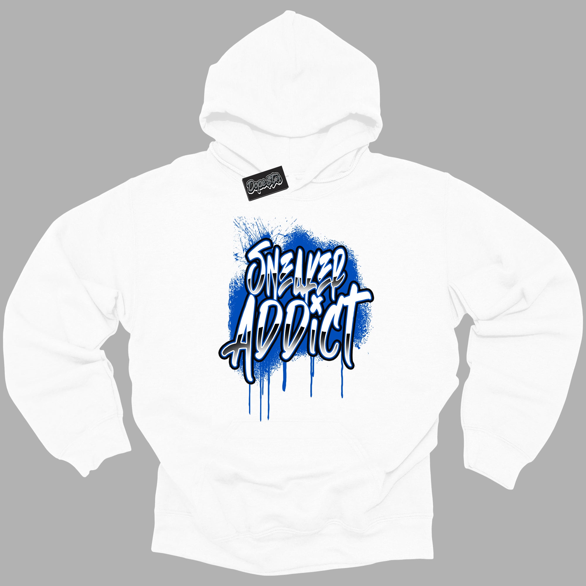 Cool White Hoodie with “ Sneaker Addict ” design that Perfectly Matches Royal Reimagined 1s Sneakers.