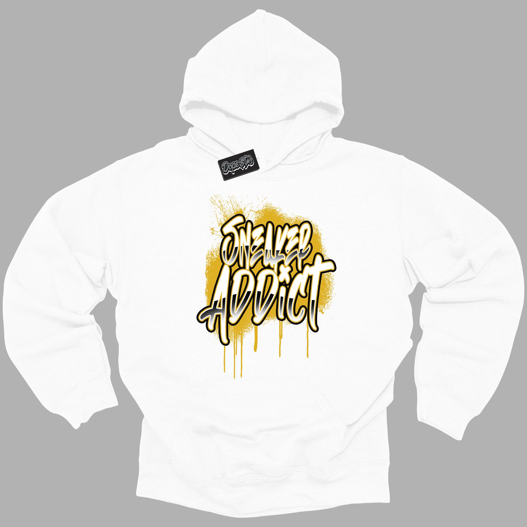 Cool White Hoodie with “ Sneaker Addict ” design that Perfectly Matches Yellow Ochre 6s Sneakers.
