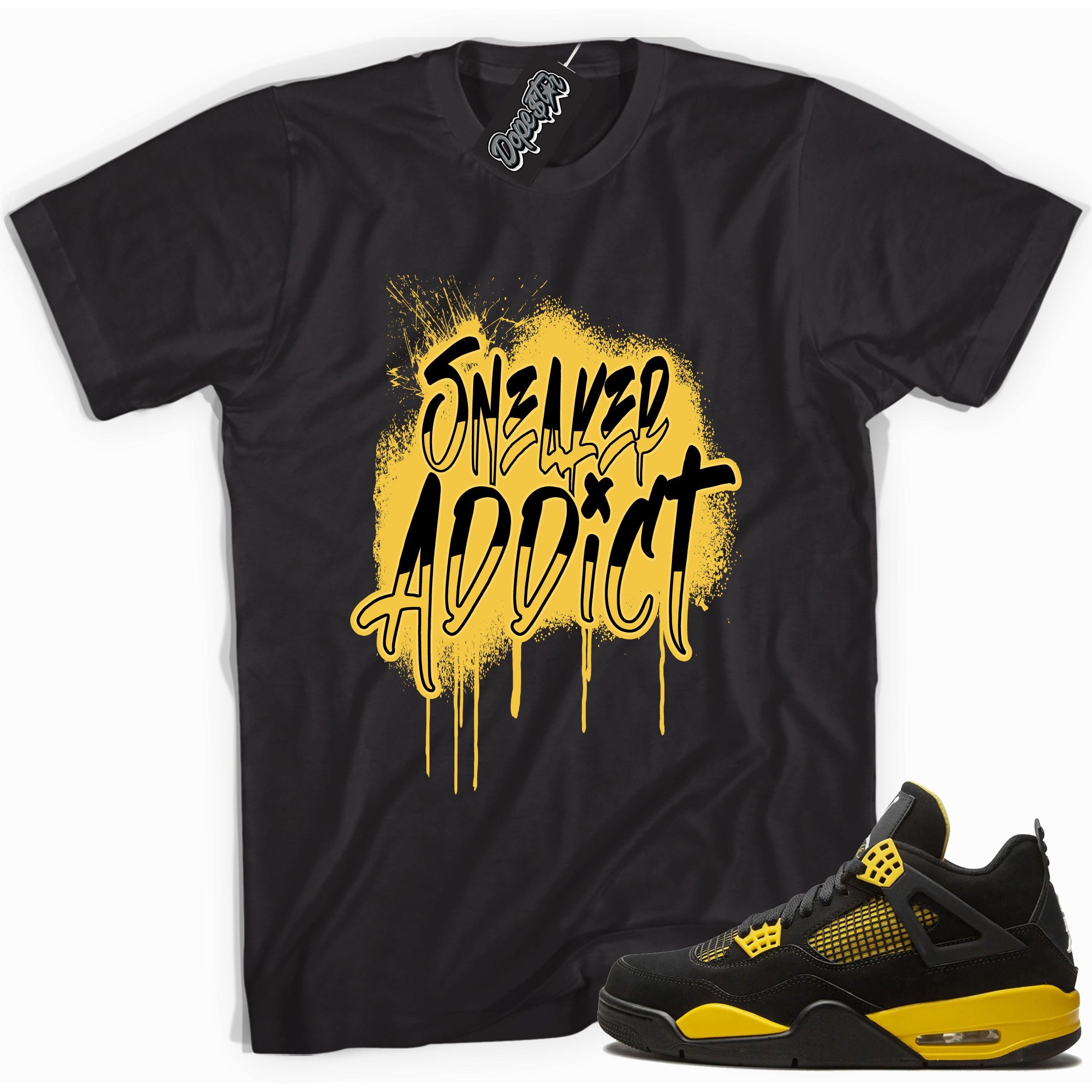 Cool black graphic tee with 'sneaker addict' print, that perfectly matches Air Jordan 4 Thunder sneakers