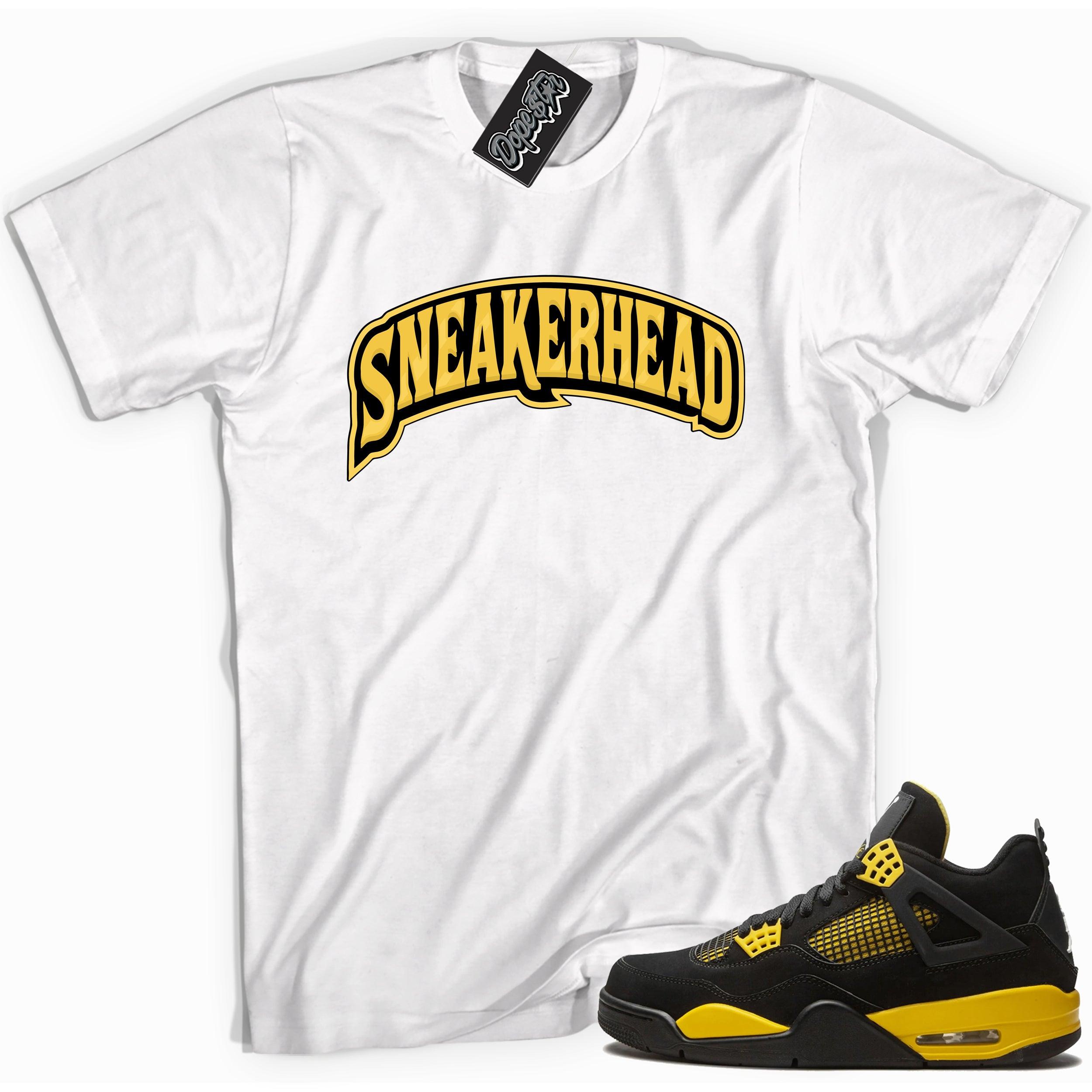 Cool white graphic tee with 'sneakerhead' print, that perfectly matches Air Jordan 4 Thunder sneakers