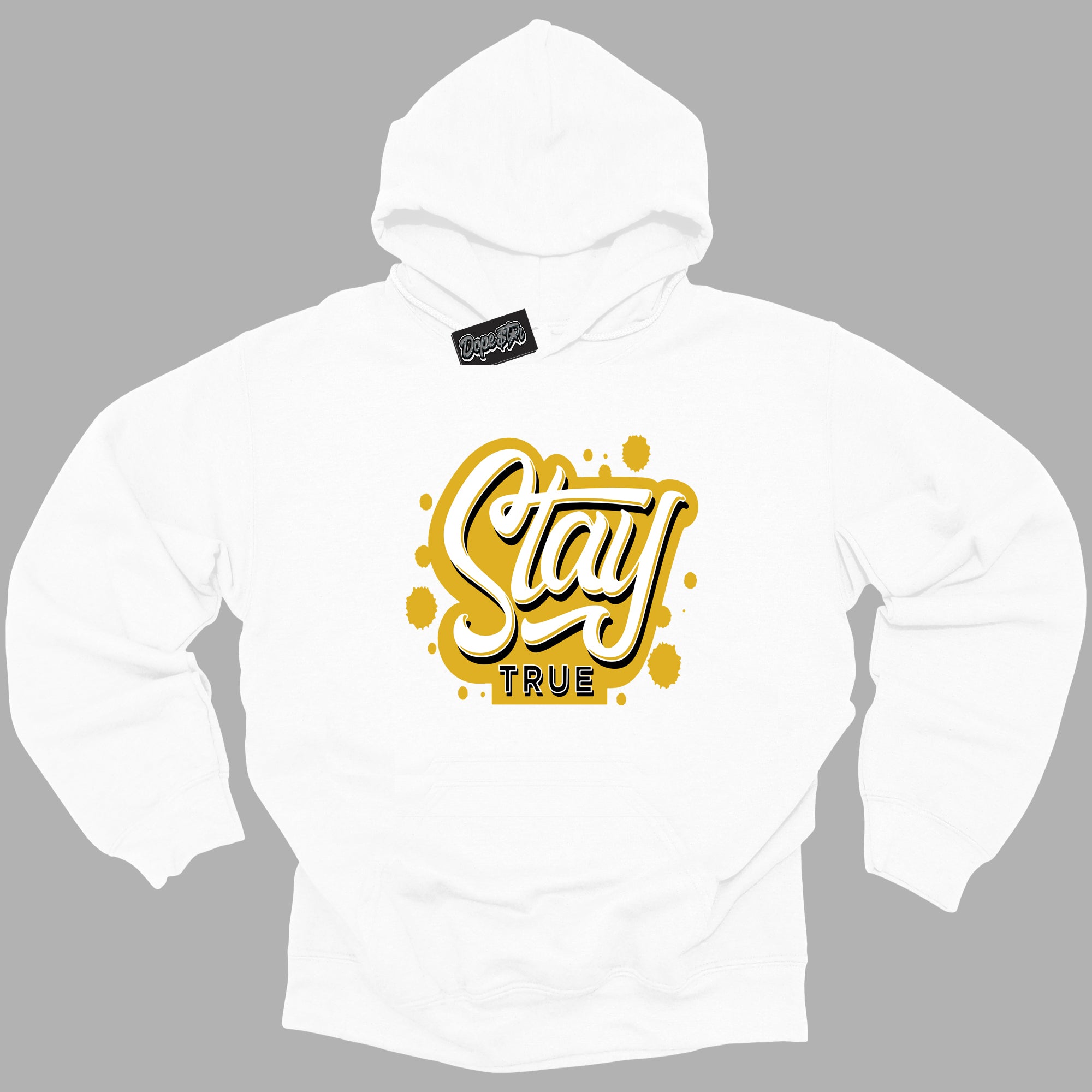 Cool White Hoodie with “ Stay True ” design that Perfectly Matches Yellow Ochre 6s Sneakers.