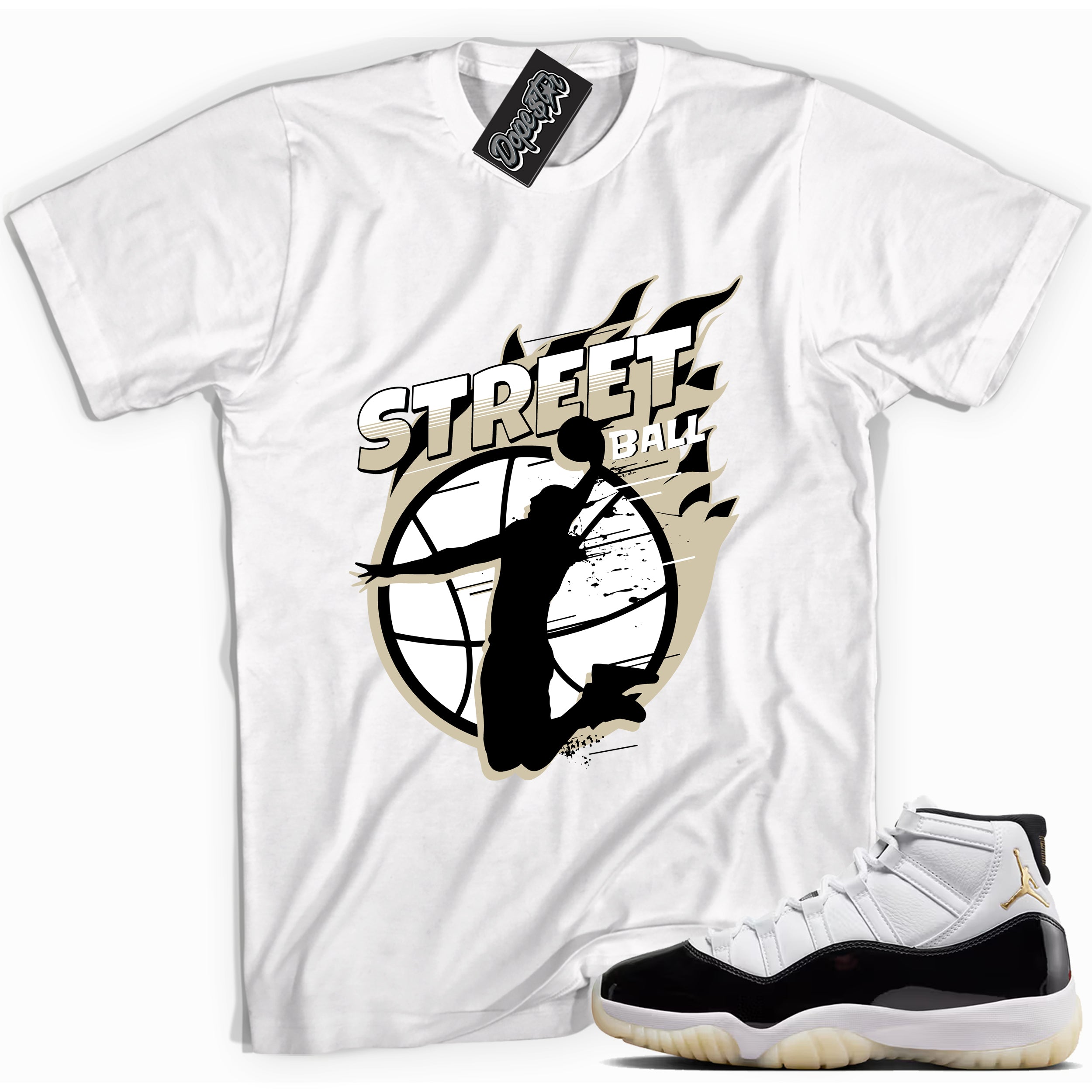 Cool White graphic tee with “ Street Ball ” print, that perfectly matches AIR JORDAN 11 GRATITUDE sneakers