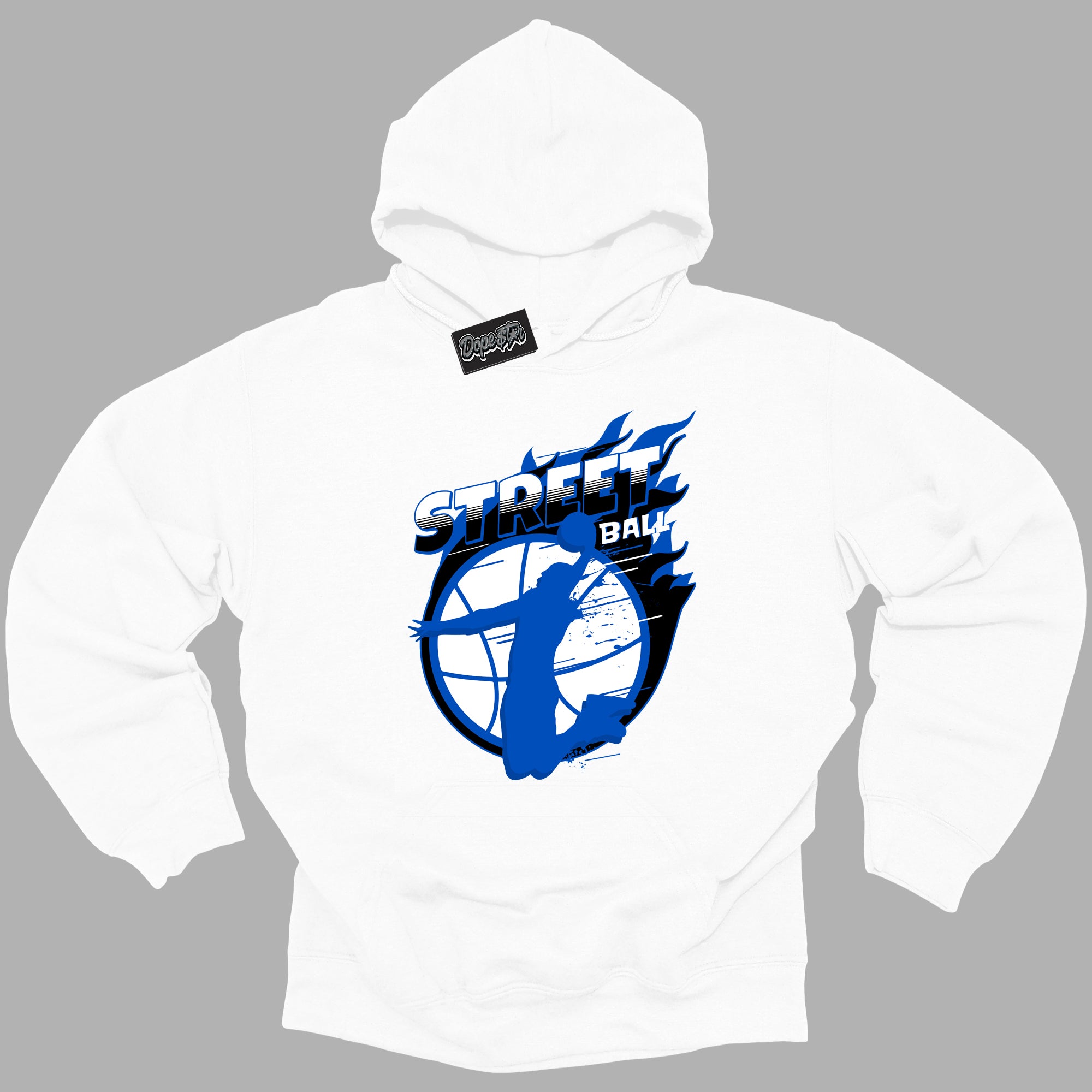 Cool White Hoodie with “ Street Ball ” design that Perfectly Matches Royal Reimagined 1s Sneakers.