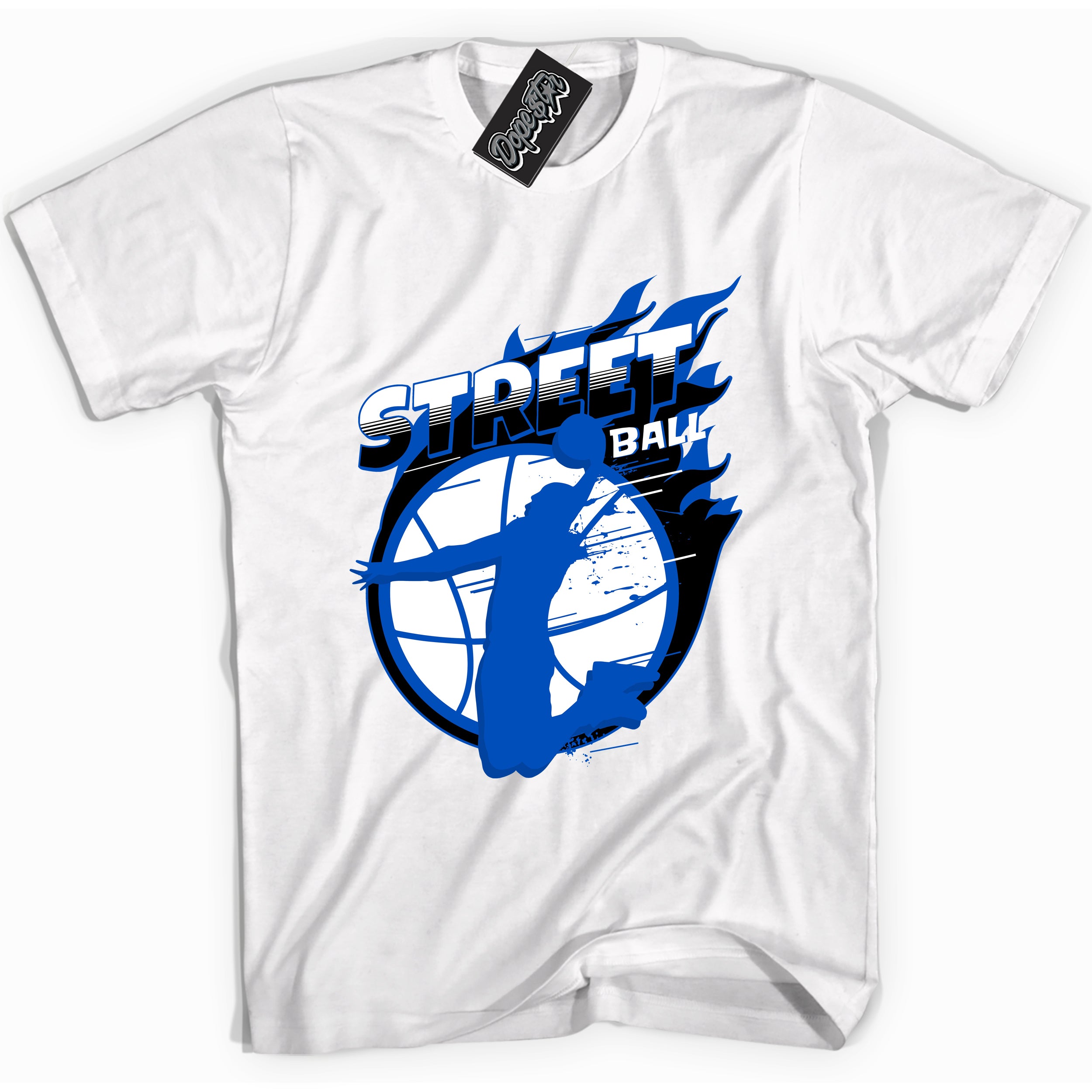 Cool White graphic tee with "Street Ball" design, that perfectly matches Royal Reimagined 1s sneakers