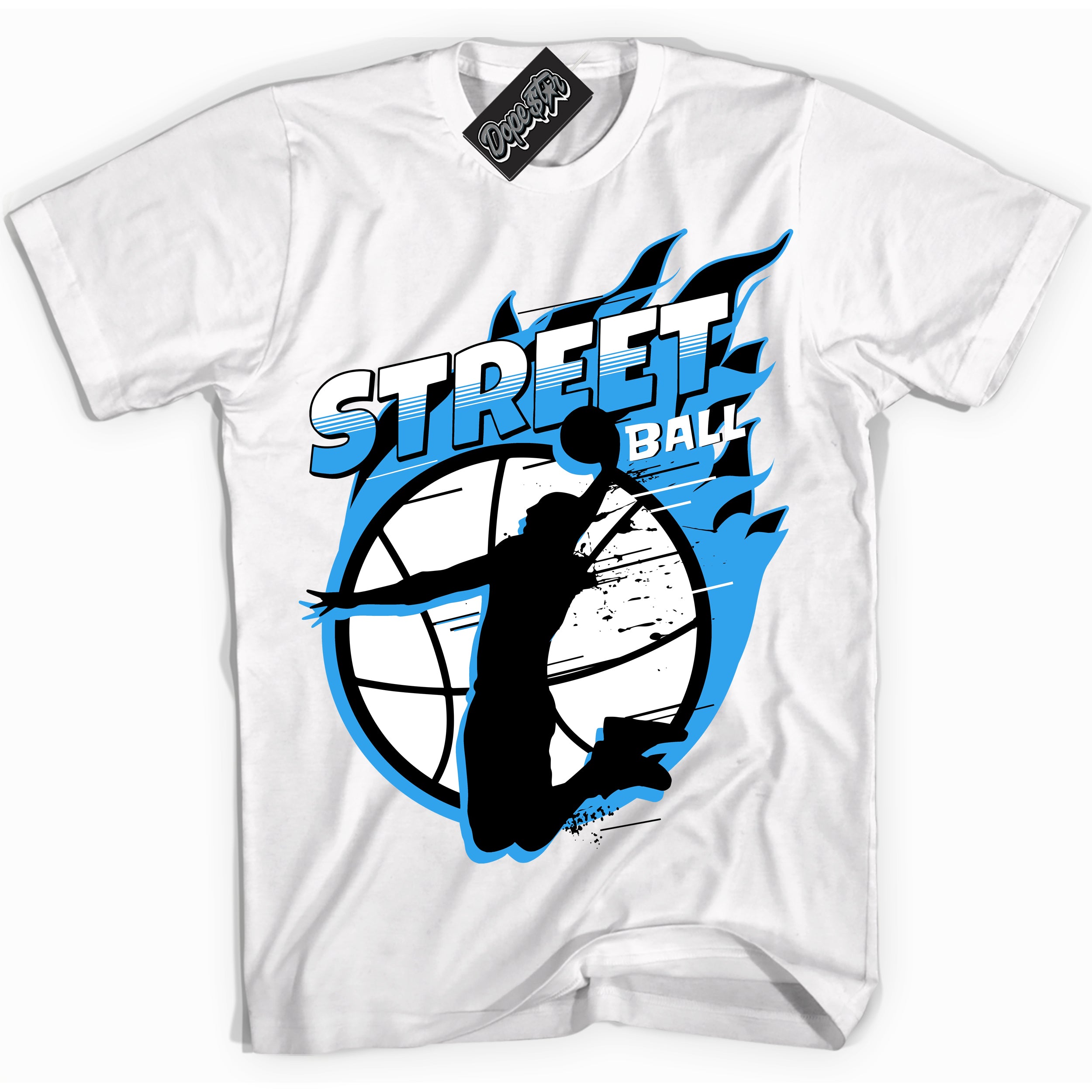 Cool White graphic tee with “ Street Ball ” design, that perfectly matches Powder Blue 9s sneakers