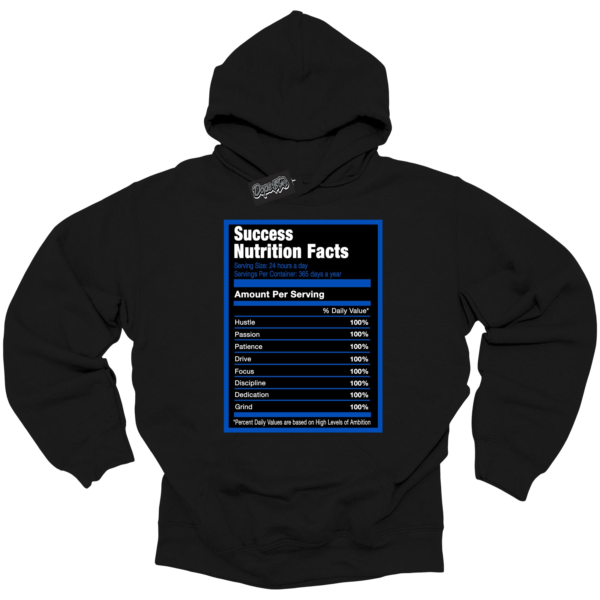 Cool Black Hoodie with “ Success Nutrition ” design that Perfectly Matches Royal Reimagined 1s Sneakers.