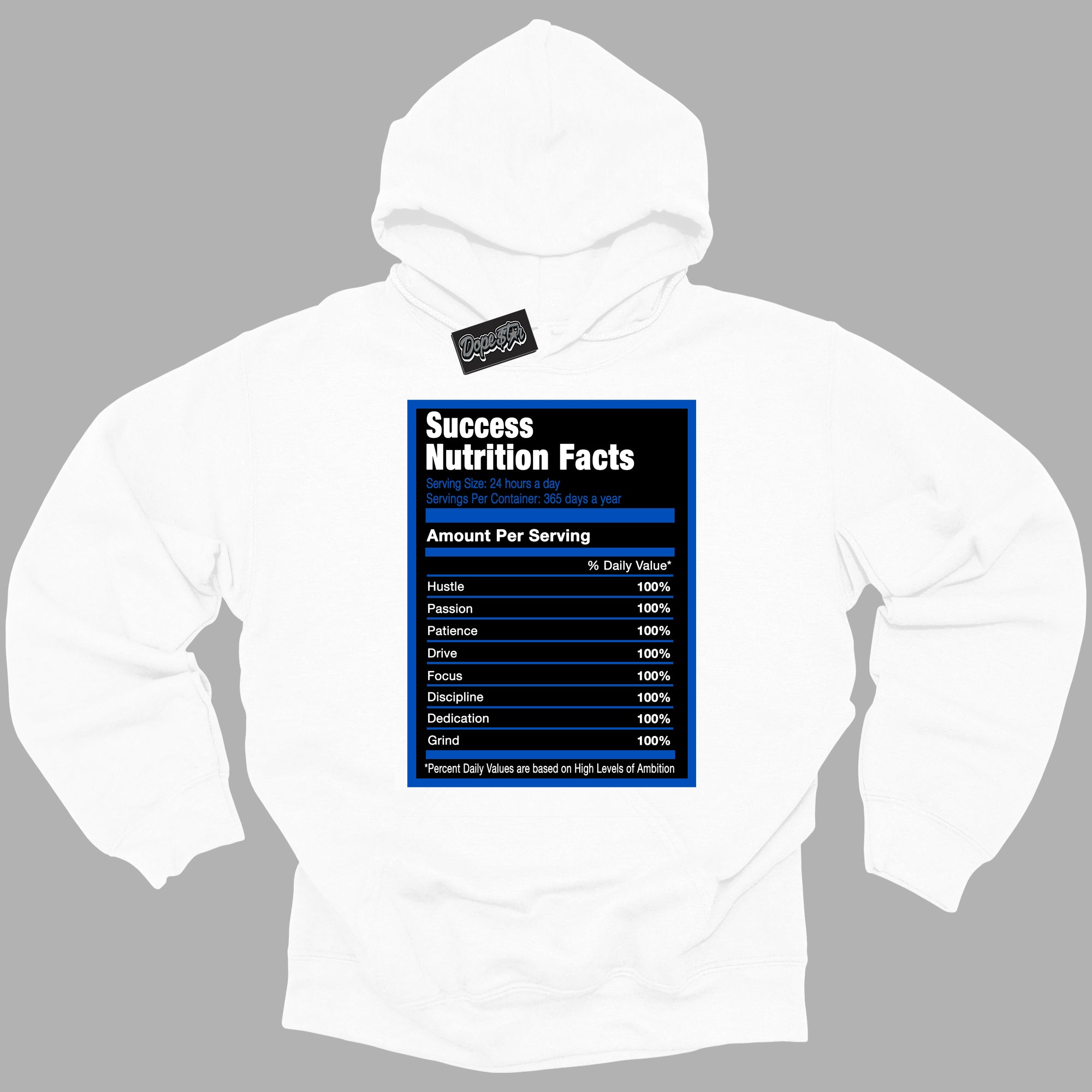 Cool White Hoodie with “ Success Nutrition ” design that Perfectly Matches Royal Reimagined 1s Sneakers.