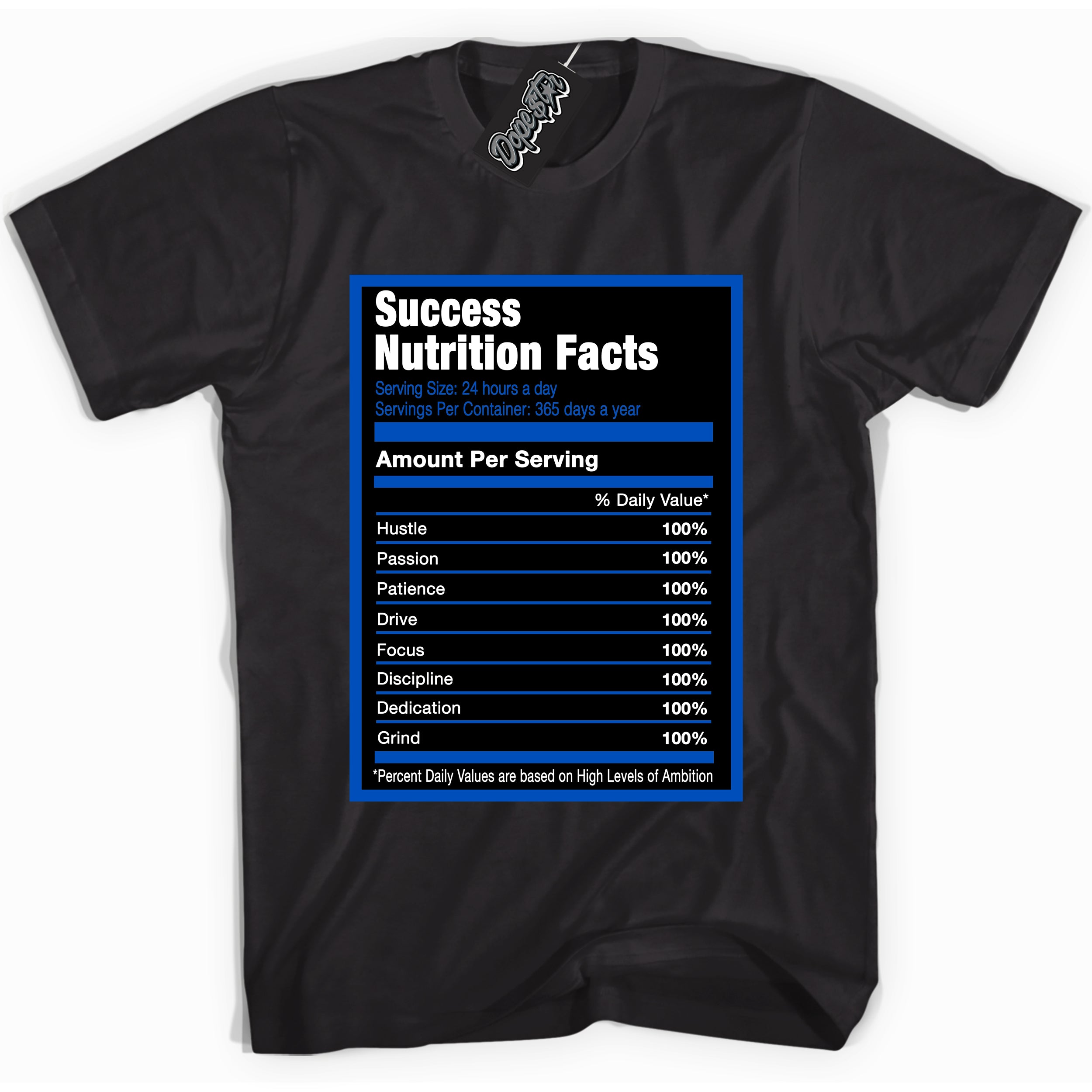 Cool Black graphic tee with Success Nutrition print, that perfectly matches OG Royal Reimagined 1s sneakers