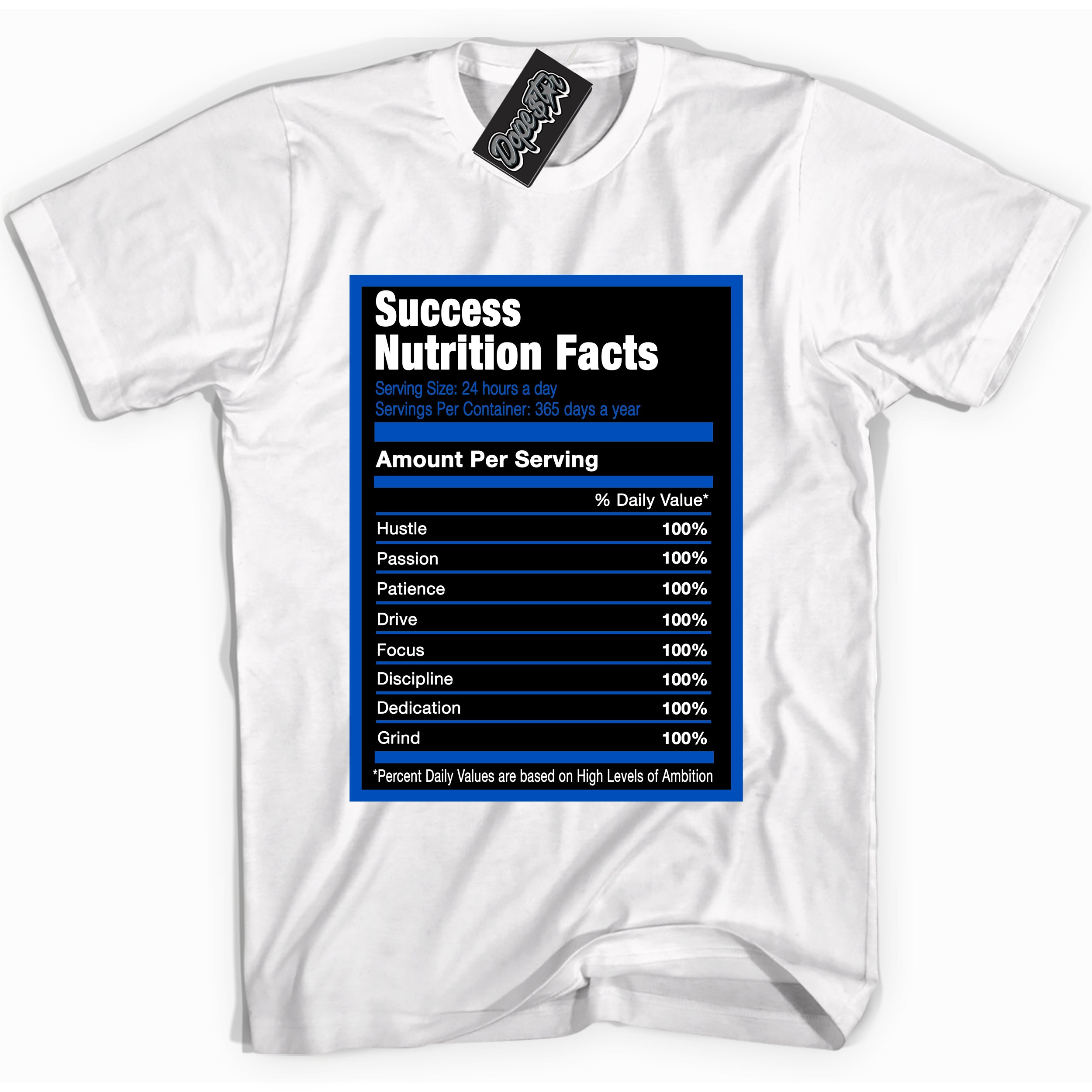 Cool White graphic tee with Success Nutrition print, that perfectly matches OG Royal Reimagined 1s sneakers