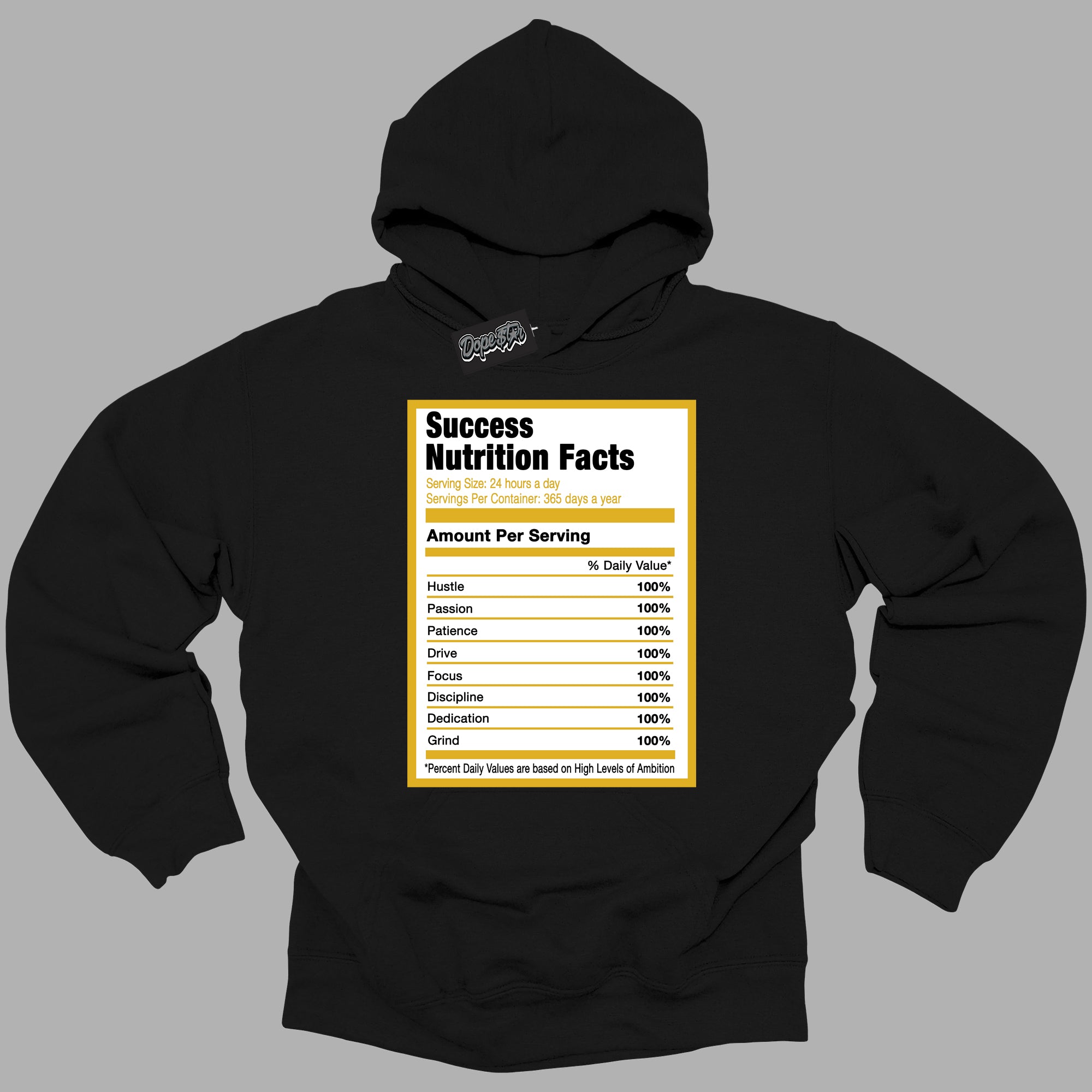 Cool Black Hoodie with “ Success Nutrition ” design that Perfectly Matches Yellow Ochre 6s Sneakers.