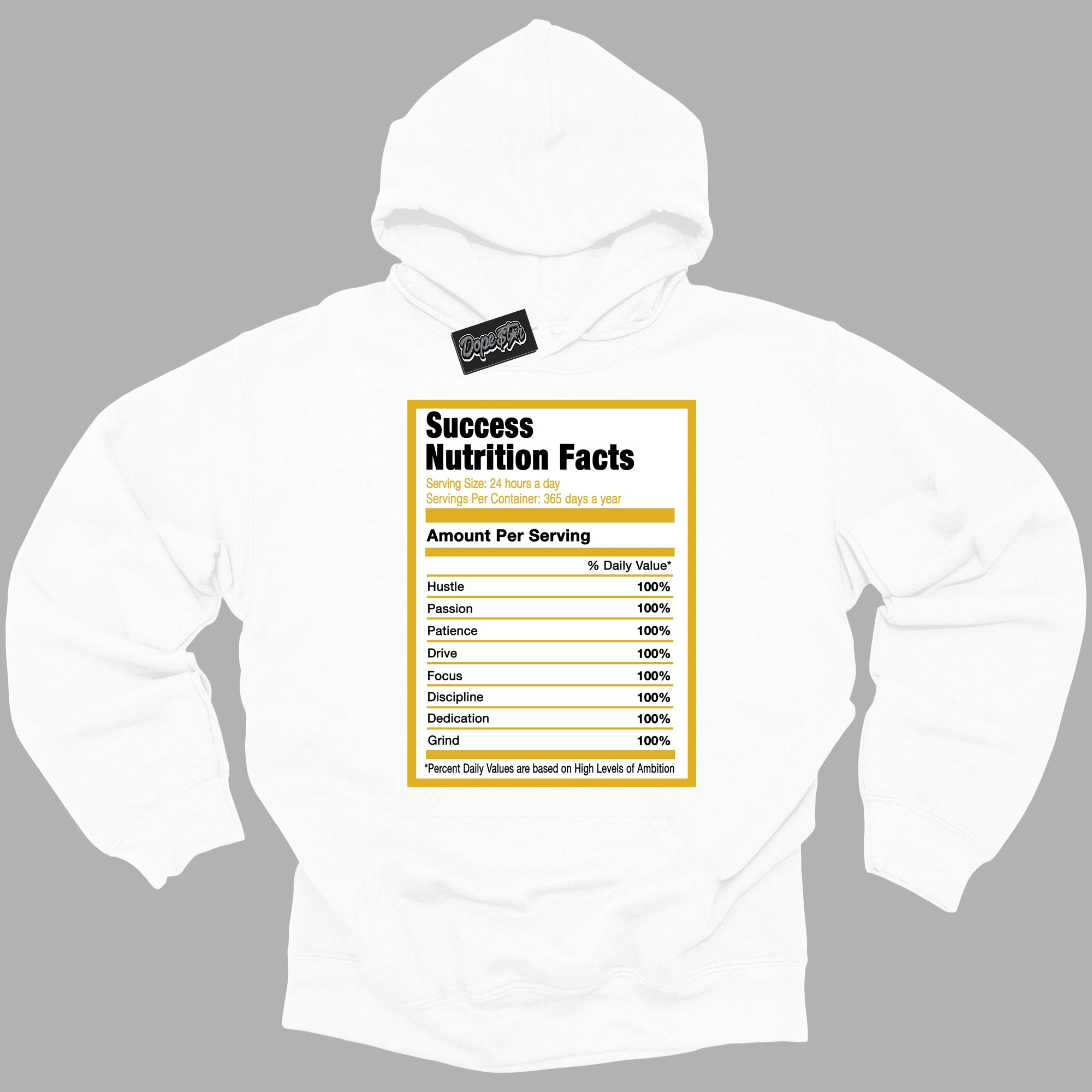 Cool White Hoodie with “ Success Nutrition ” design that Perfectly Matches Yellow Ochre 6s Sneakers.