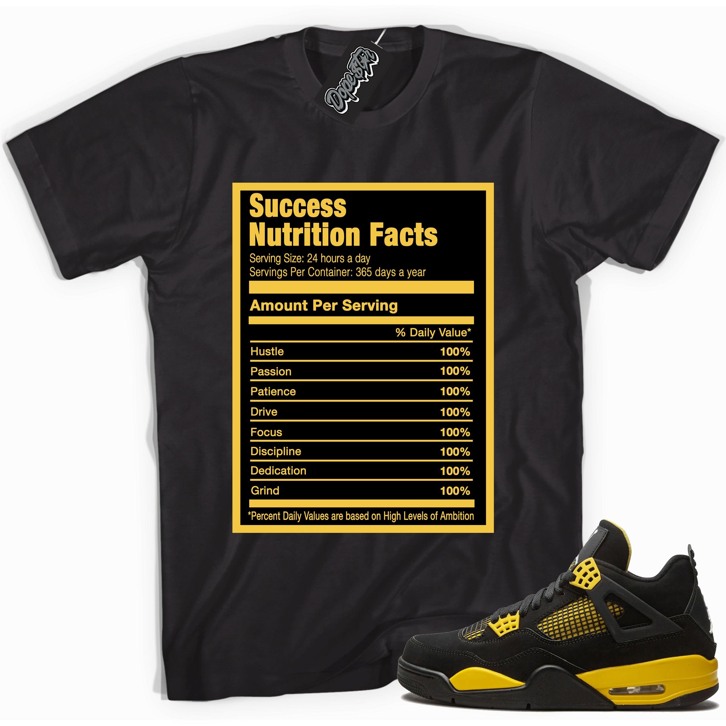 Cool black graphic tee with 'success nutrition facts' print, that perfectly matches Air Jordan 4 Thunder sneakers