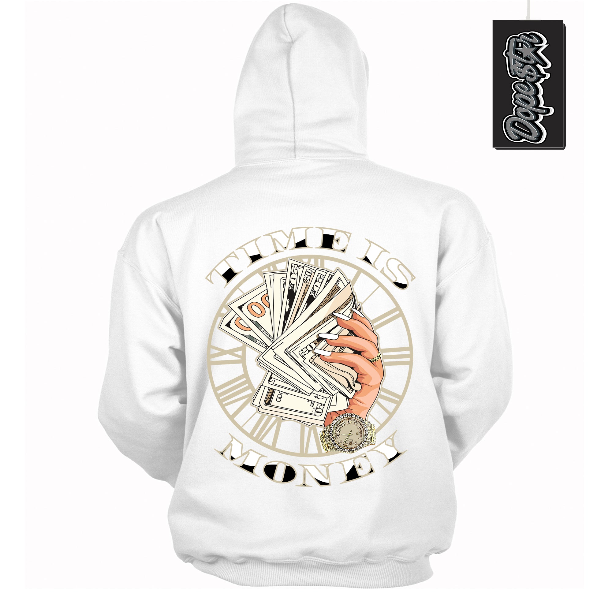 Cool White Hoodie with “ Time Is Money ” design that Perfectly Matches Gratitude 11s Sneakers.