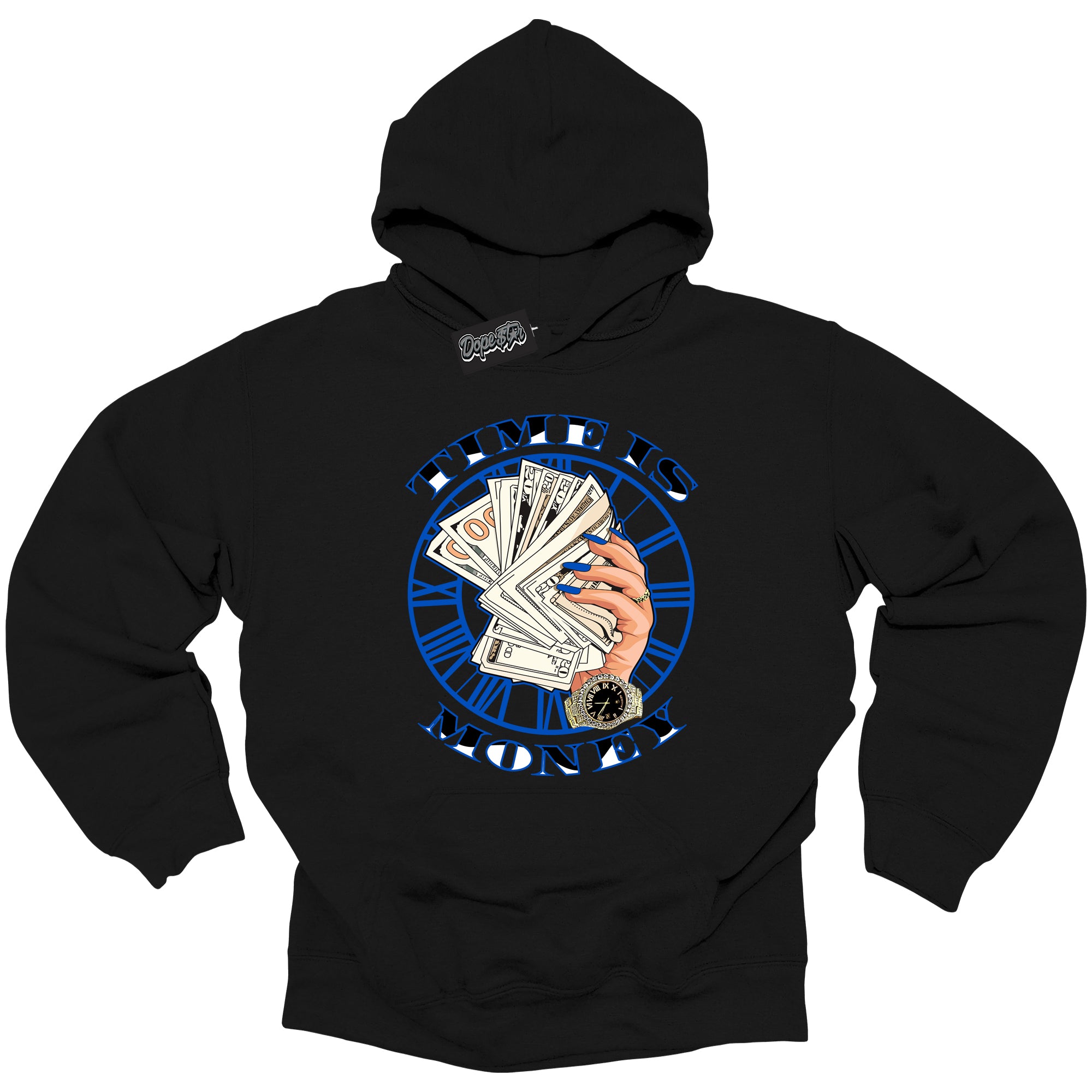 Cool Black Hoodie with “ Time Is Money ” design that Perfectly Matches Royal Reimagined 1s Sneakers.