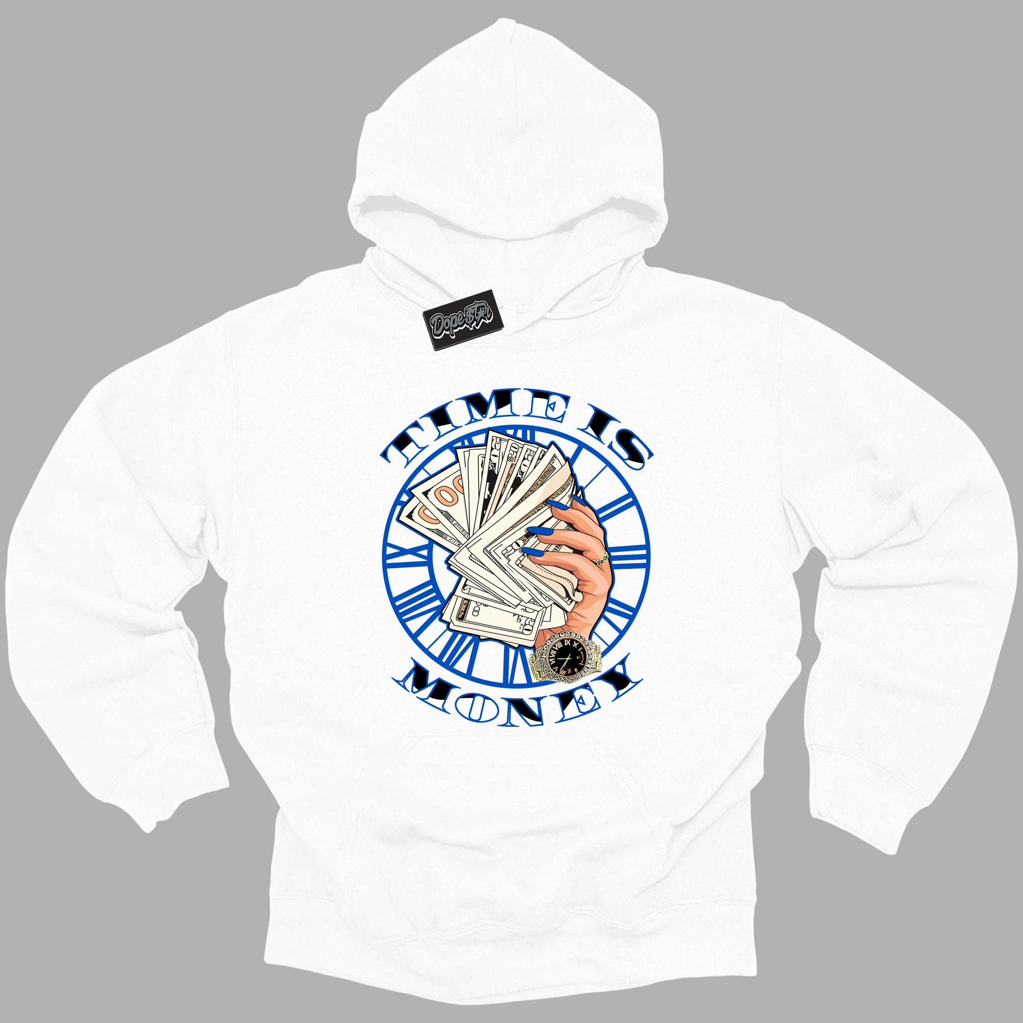 Cool White Hoodie with “ Time Is Money ” design that Perfectly Matches Royal Reimagined 1s Sneakers.