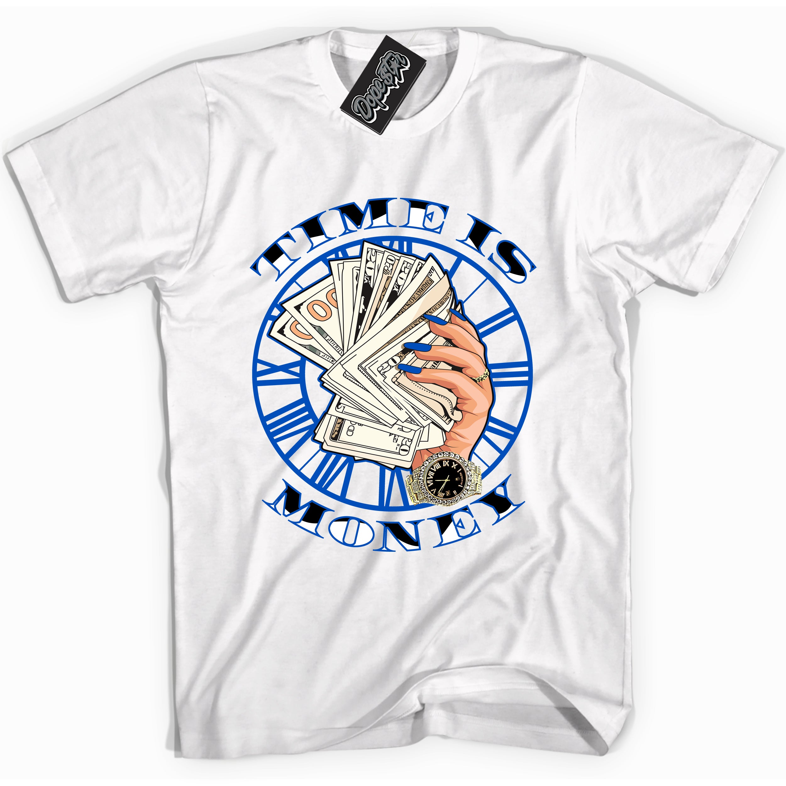 Cool White graphic tee with "Time Is Money" design, that perfectly matches Royal Reimagined 1s sneakers