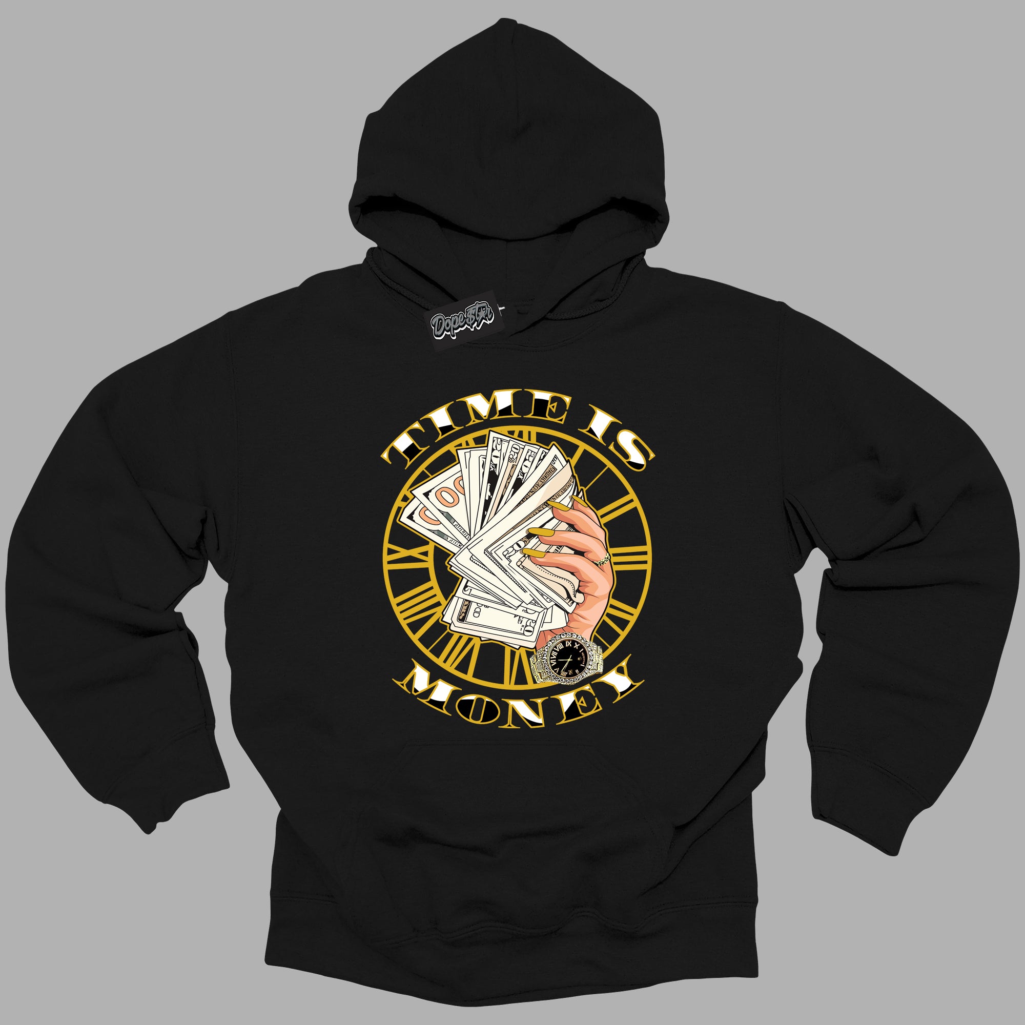 Cool Black Hoodie with “Time is Money ” design that Perfectly Matches Yellow Ochre 6s Sneakers.