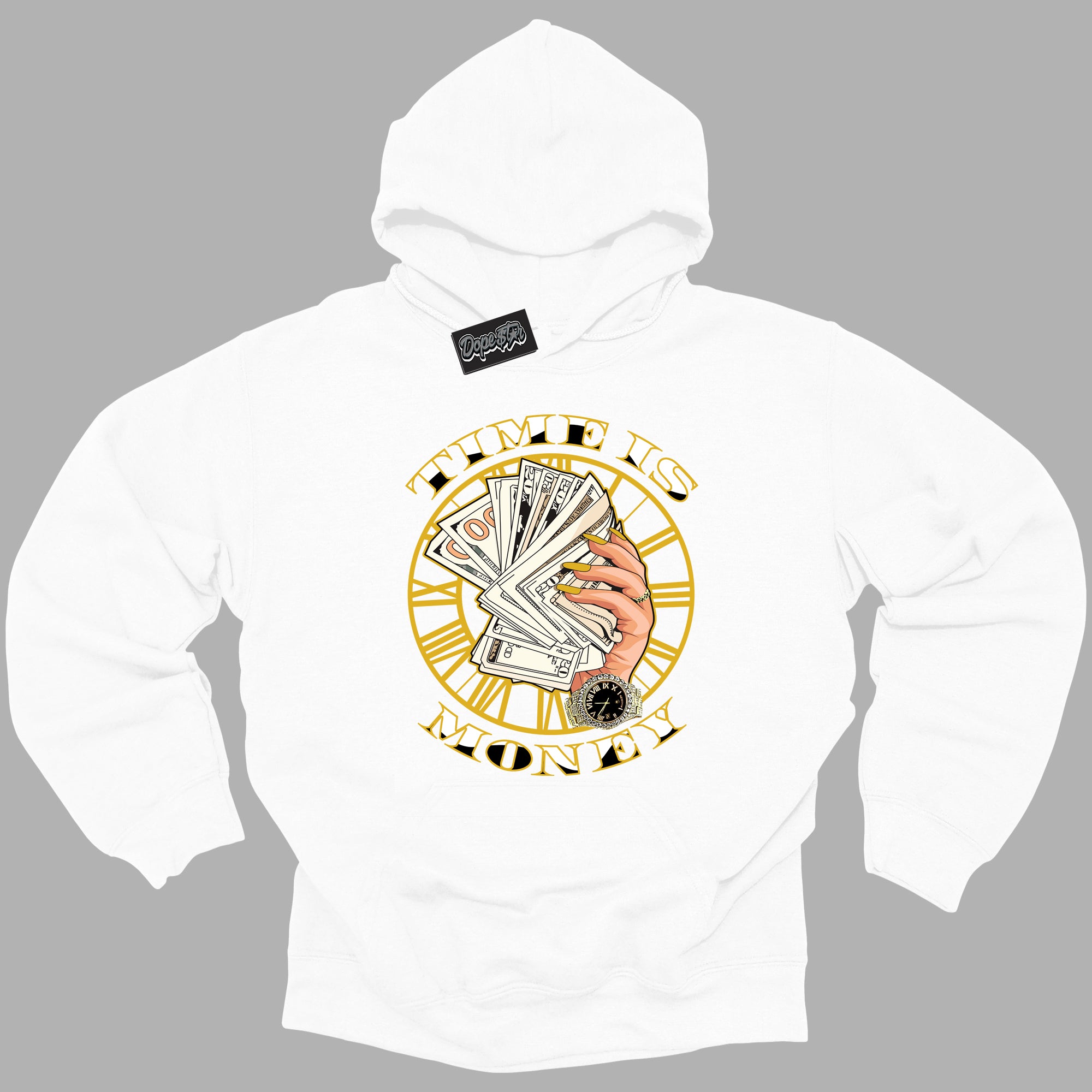 Cool White Hoodie with “Time is Money ” design that Perfectly Matches Yellow Ochre 6s Sneakers.