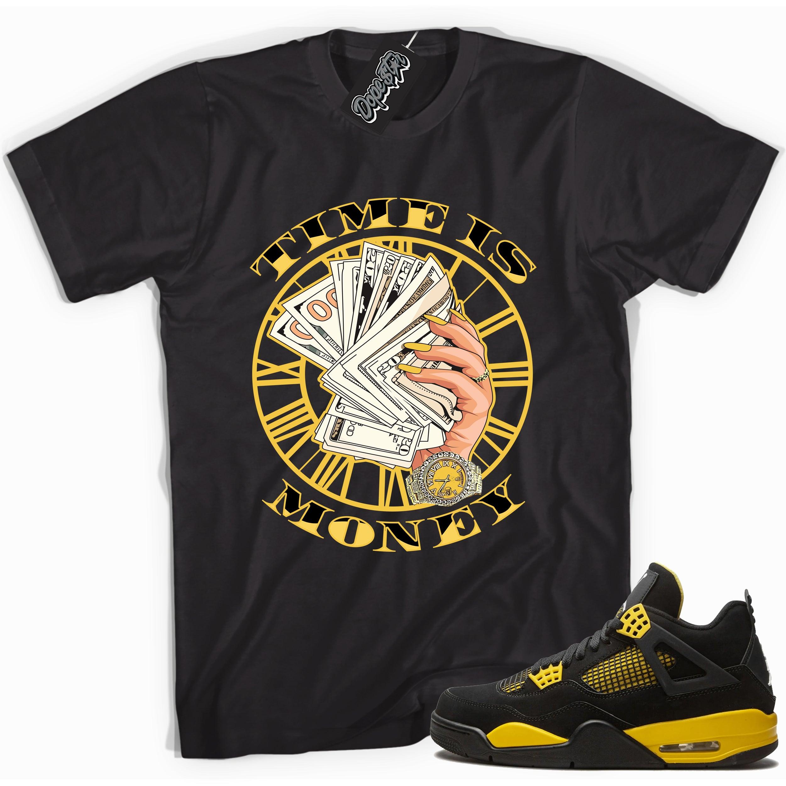 Cool black graphic tee with 'time is money' print, that perfectly matches Air Jordan 4 Thunder sneakers