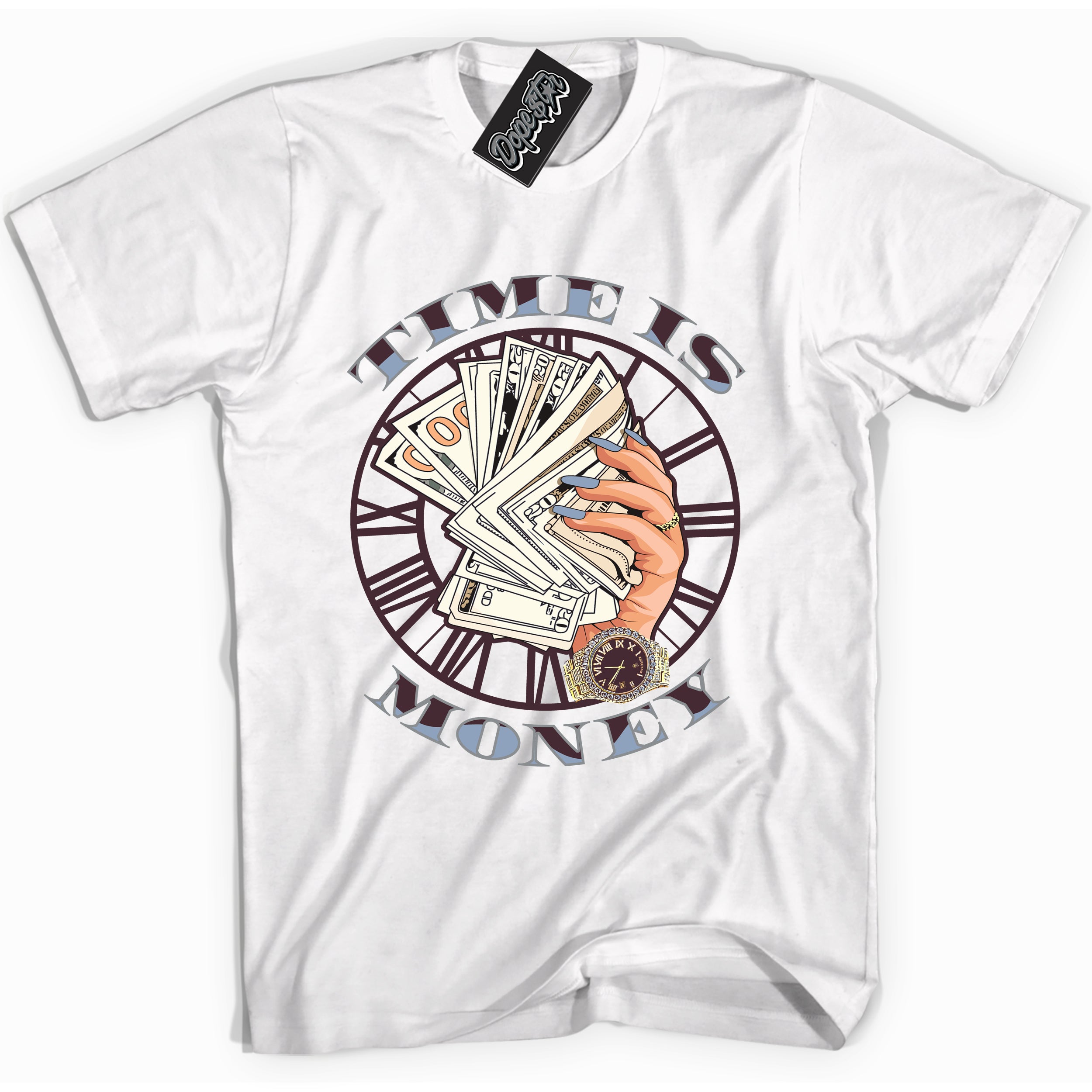 Cool White Shirt with “ Time Is Money” design that perfectly matches Burgundy 5s Sneakers.
