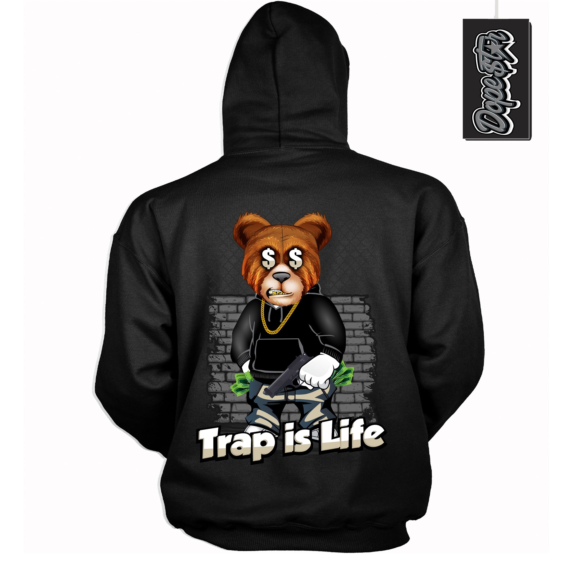 Cool Black Hoodie with “ Trap Is Life ” design that Perfectly Matches Gratitude 11s Sneakers.