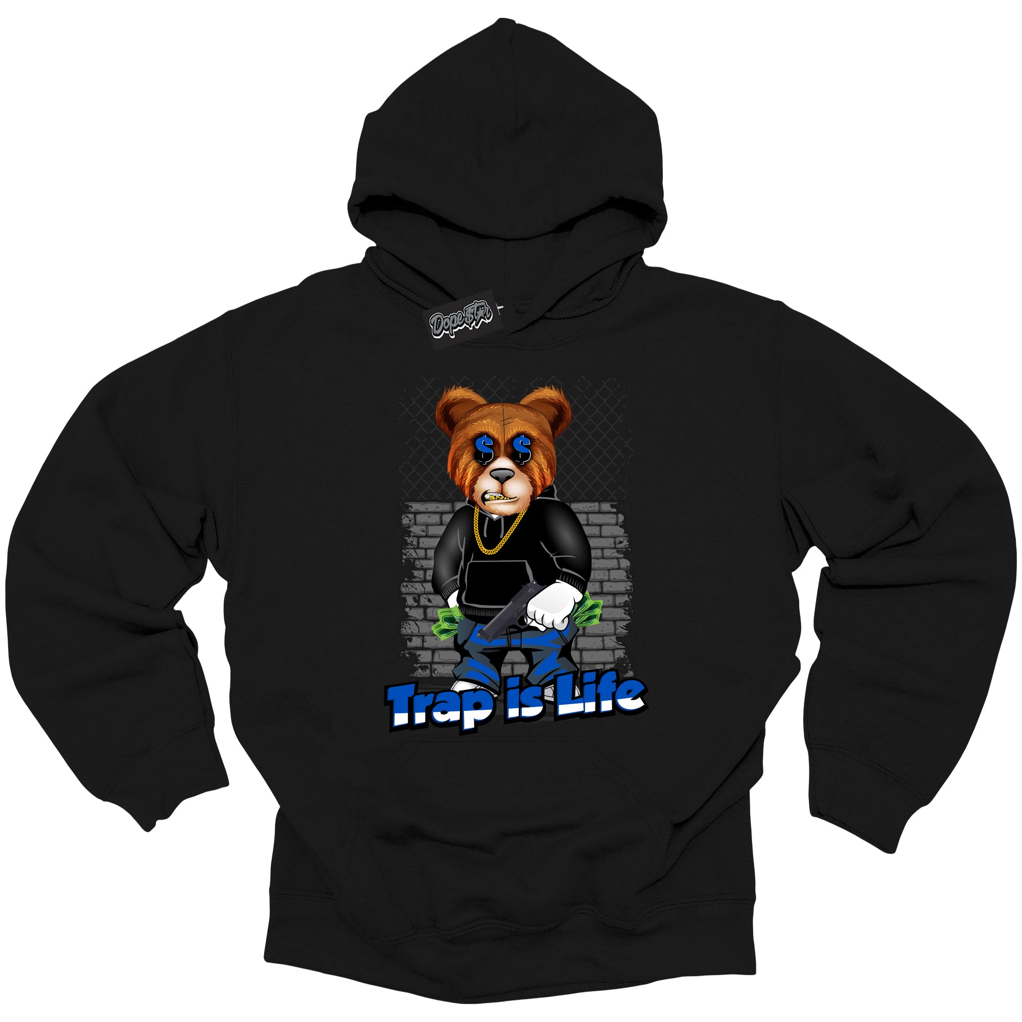 Cool Black Hoodie with “ Trap Is Life ” design that Perfectly Matches Royal Reimagined 1s Sneakers.