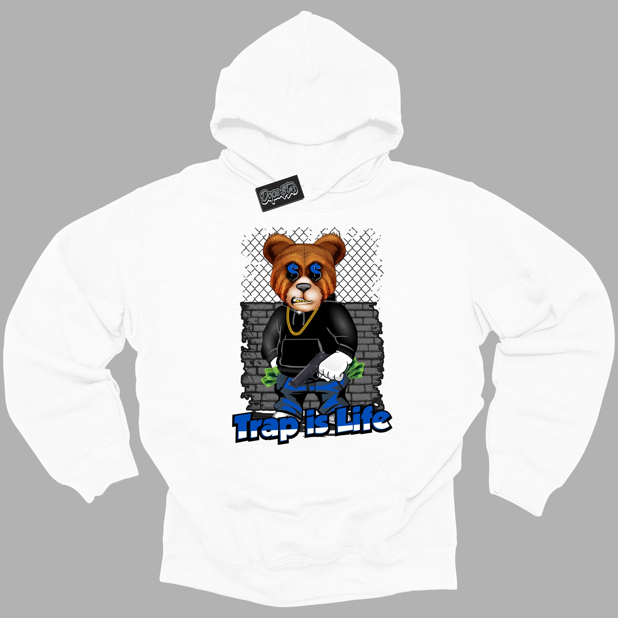 Cool White Hoodie with “ Trap Is Life ” design that Perfectly Matches Royal Reimagined 1s Sneakers.