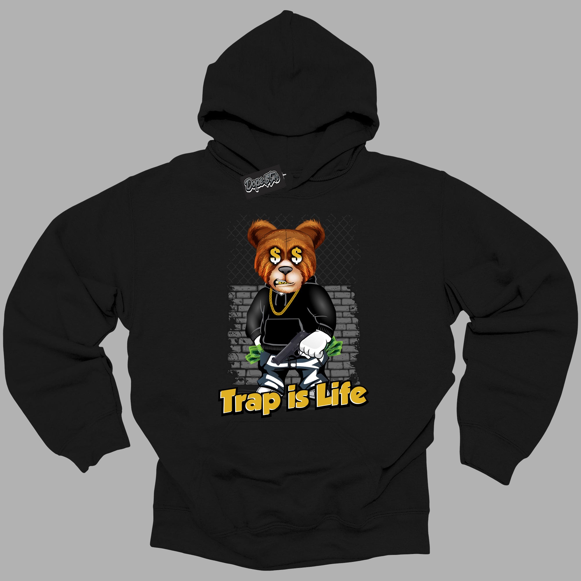 Cool Black Hoodie with “ Trap Is Life ” design that Perfectly Matches Yellow Ochre 6s Sneakers.