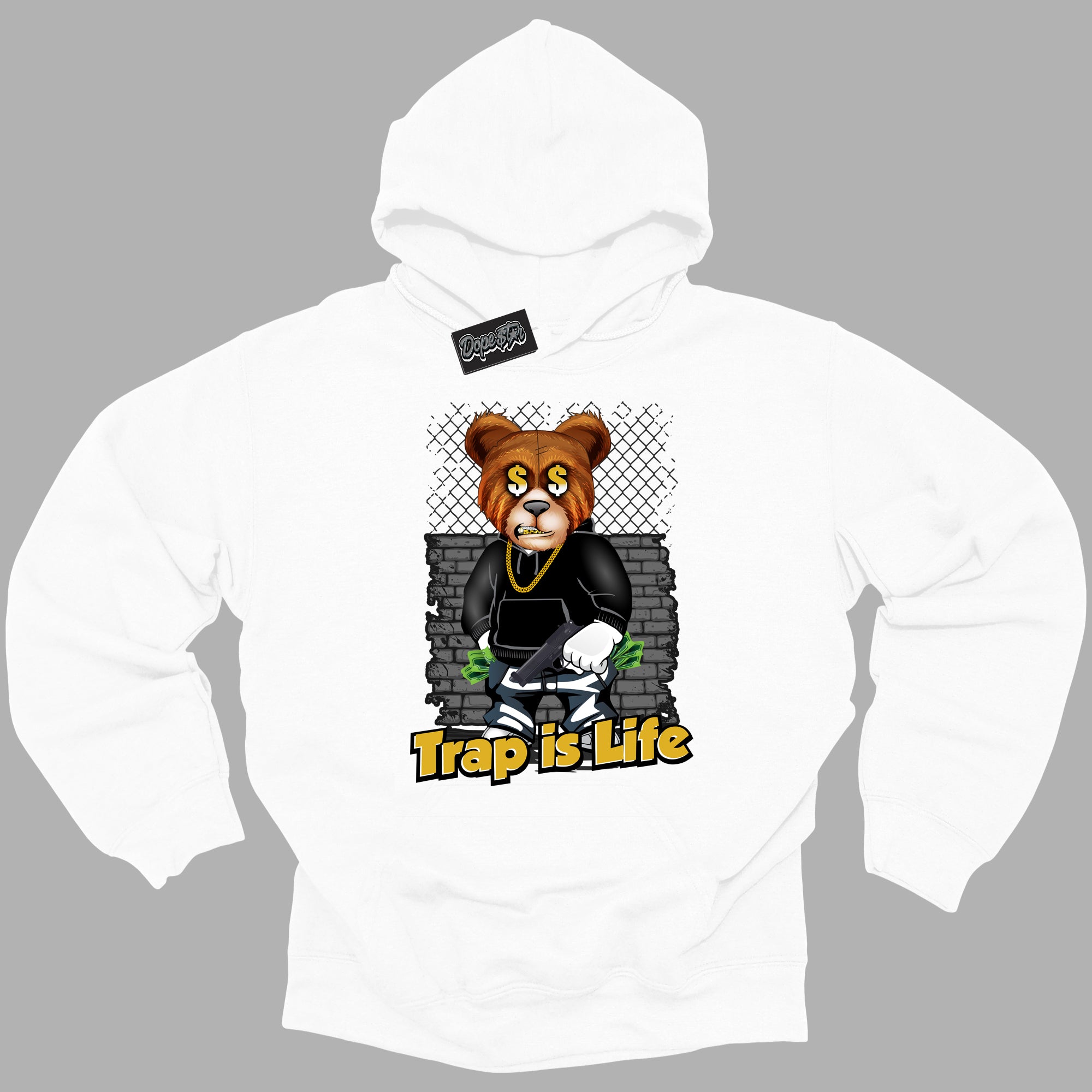 Cool White Hoodie with “ Trap Is Life ” design that Perfectly Matches Yellow Ochre 6s Sneakers.