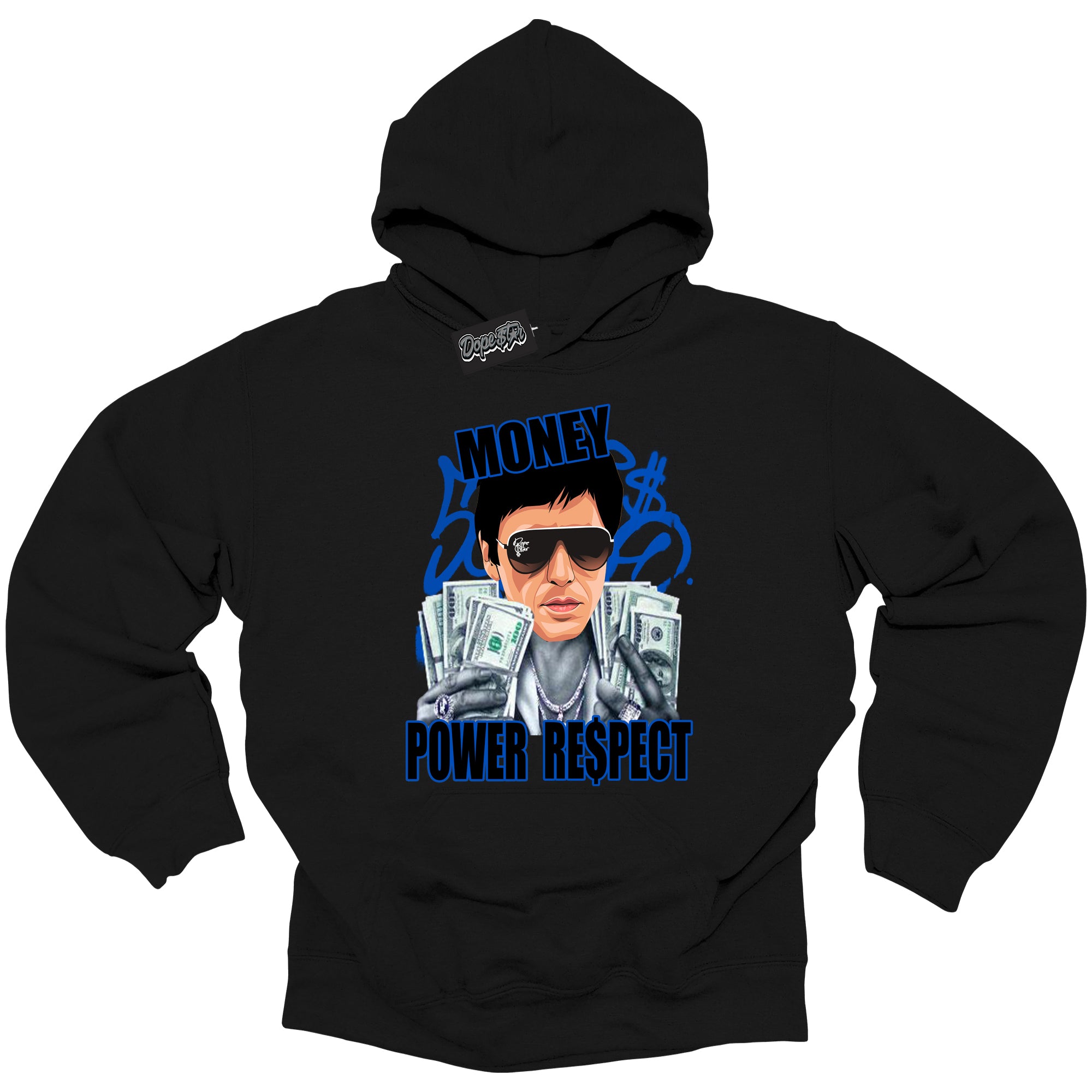 Cool Black Hoodie with “ Tony Montana ” design that Perfectly Matches Royal Reimagined 1s Sneakers.