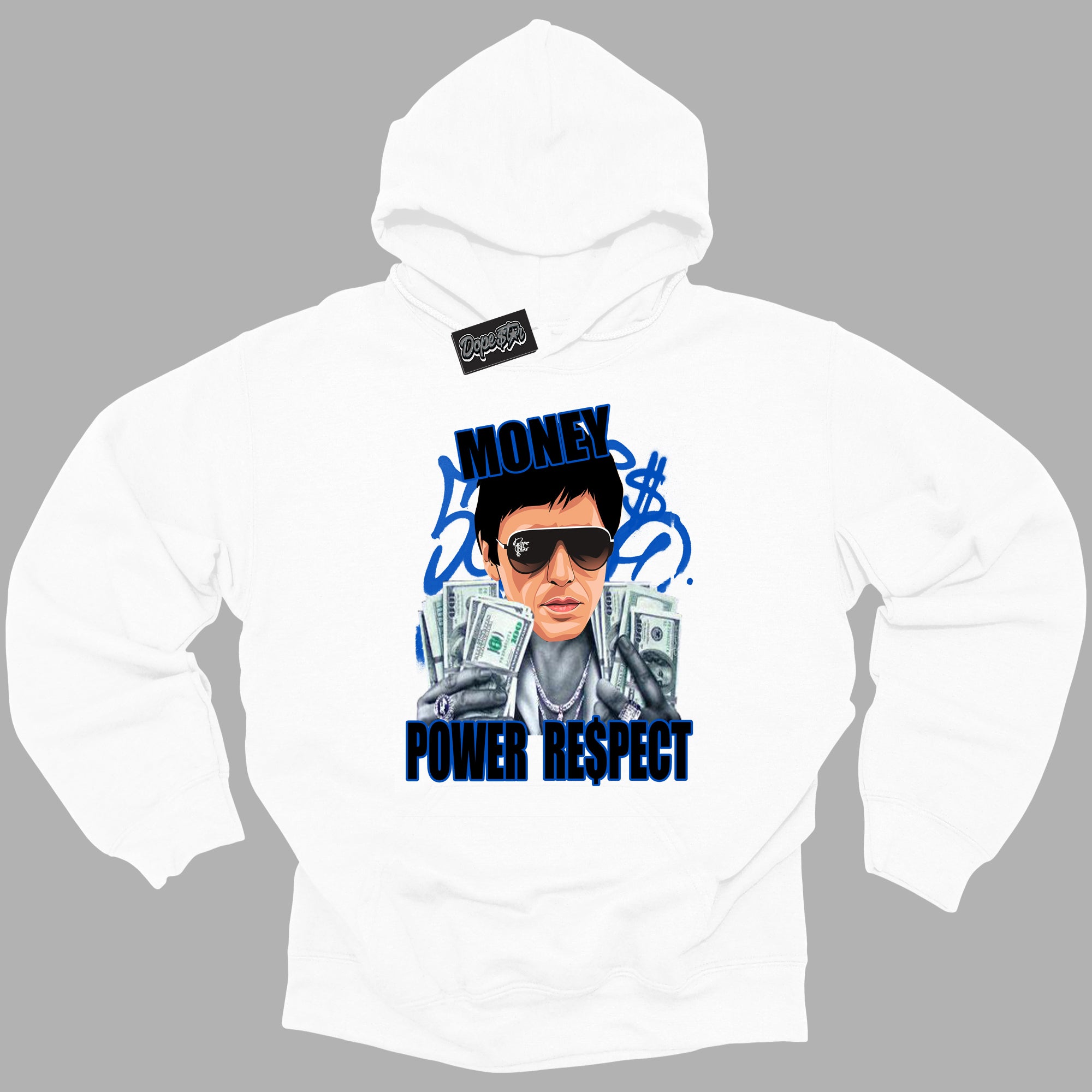 Cool White Hoodie with “ Tony Montana ” design that Perfectly Matches Royal Reimagined 1s Sneakers.