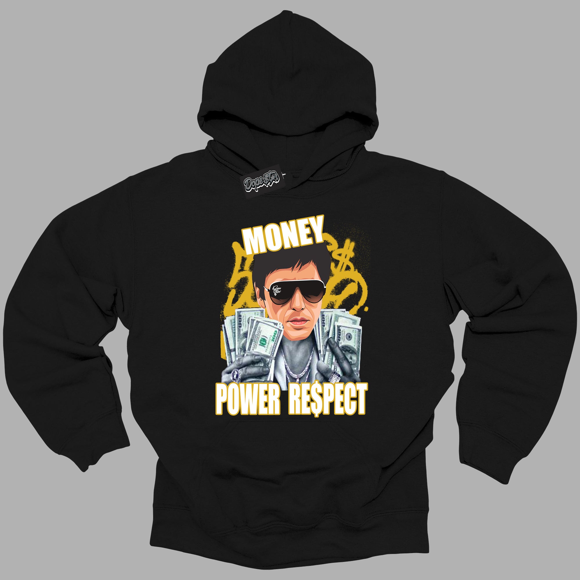 Cool Black Hoodie with “ Tony Montana ” design that Perfectly Matches Yellow Ochre 6s Sneakers.