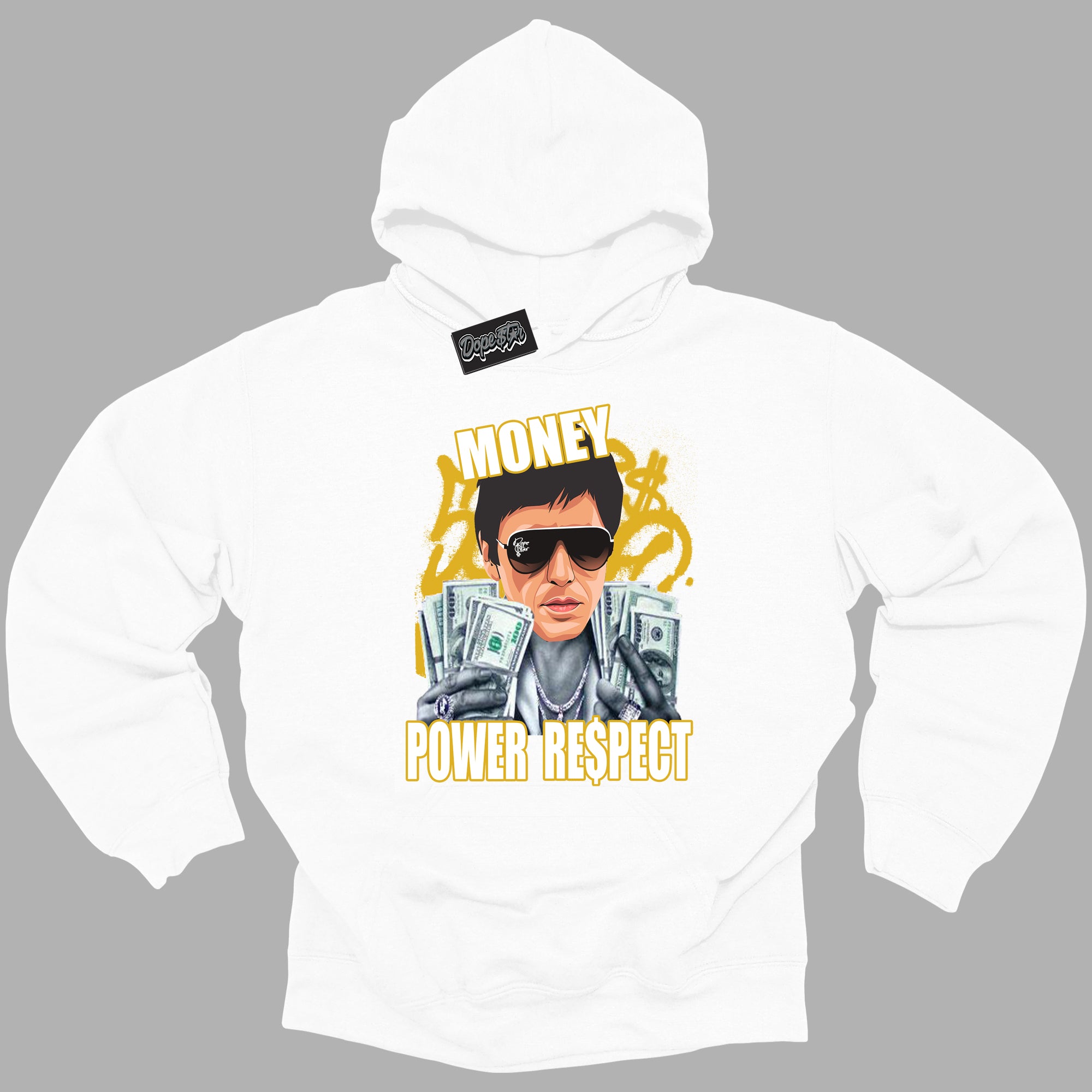 Cool White Hoodie with “ Tony Montana ” design that Perfectly Matches Yellow Ochre 6s Sneakers.