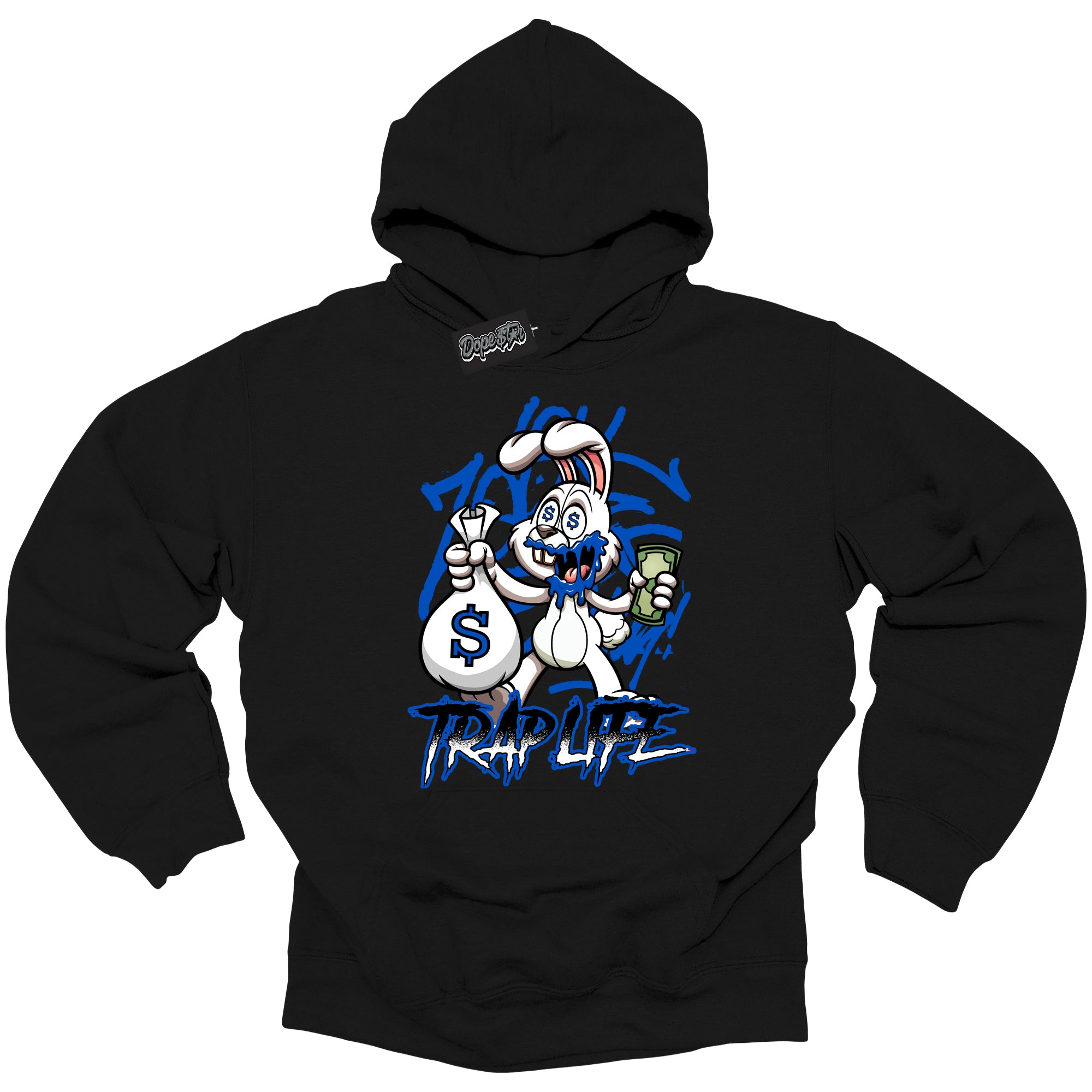 Cool Black Hoodie with “ Trap Rabbit ” design that Perfectly Matches Royal Reimagined 1s Sneakers.