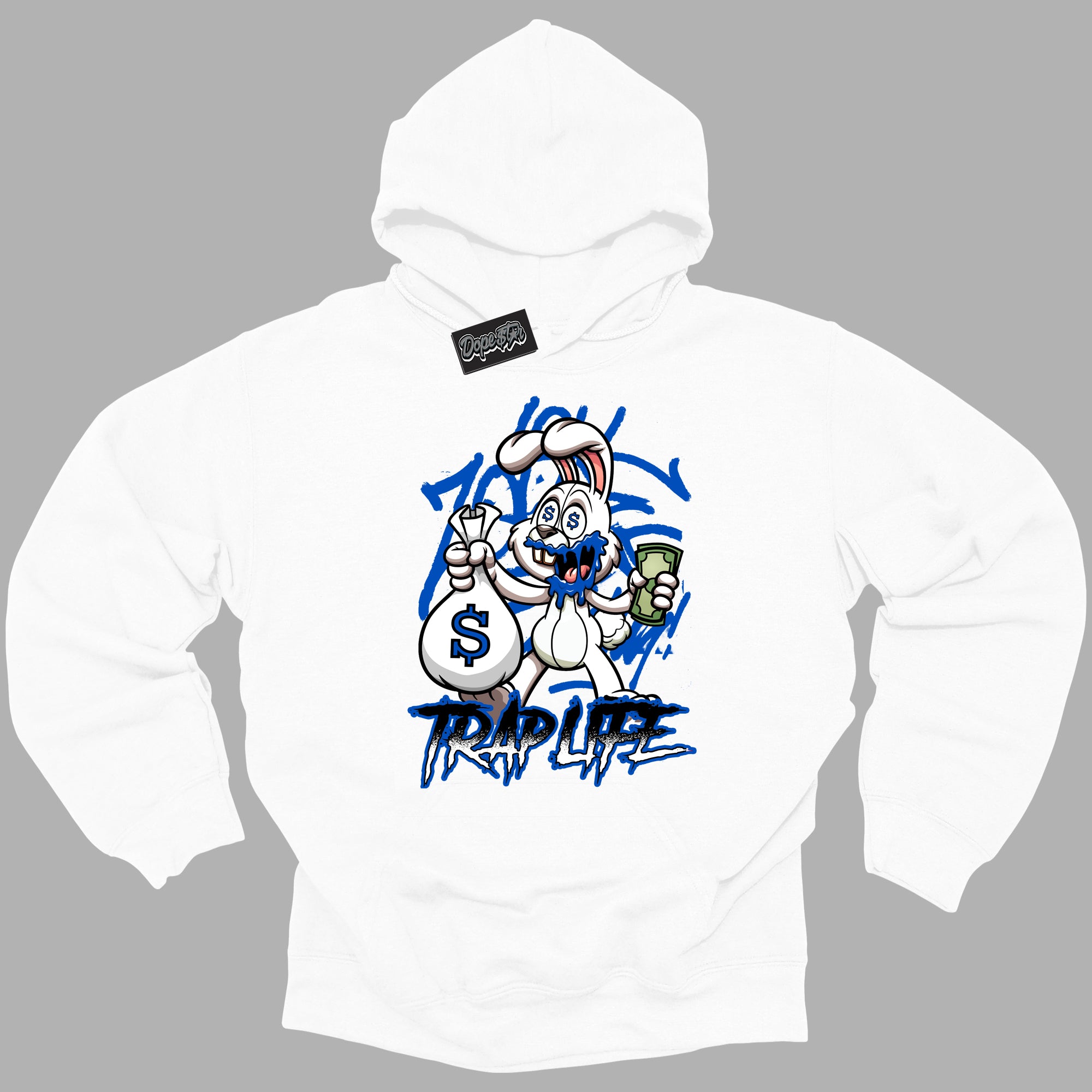 Cool White Hoodie with “ Trap Rabbit ” design that Perfectly Matches Royal Reimagined 1s Sneakers.