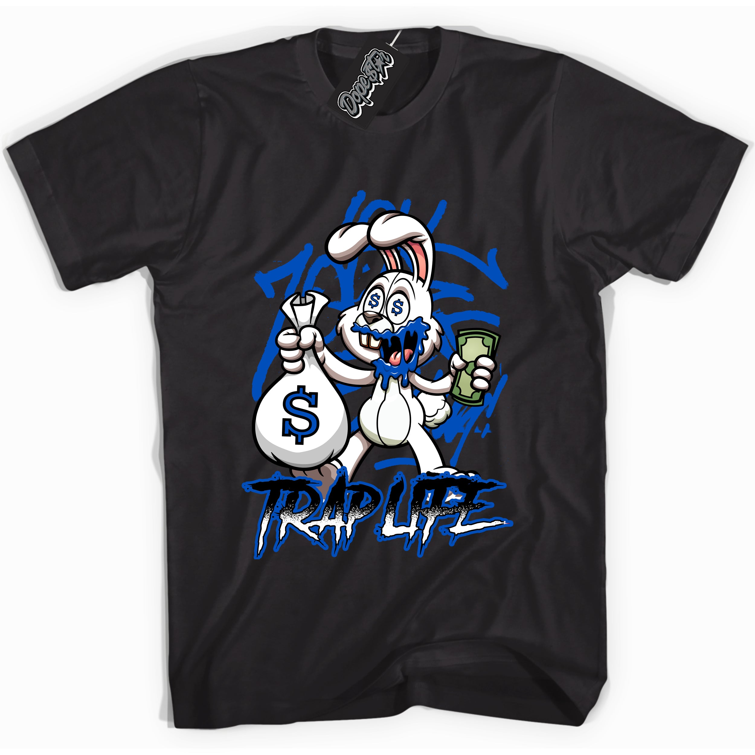 Cool Black graphic tee with "Trap Rabbit" design, that perfectly matches Royal Reimagined 1s sneakers