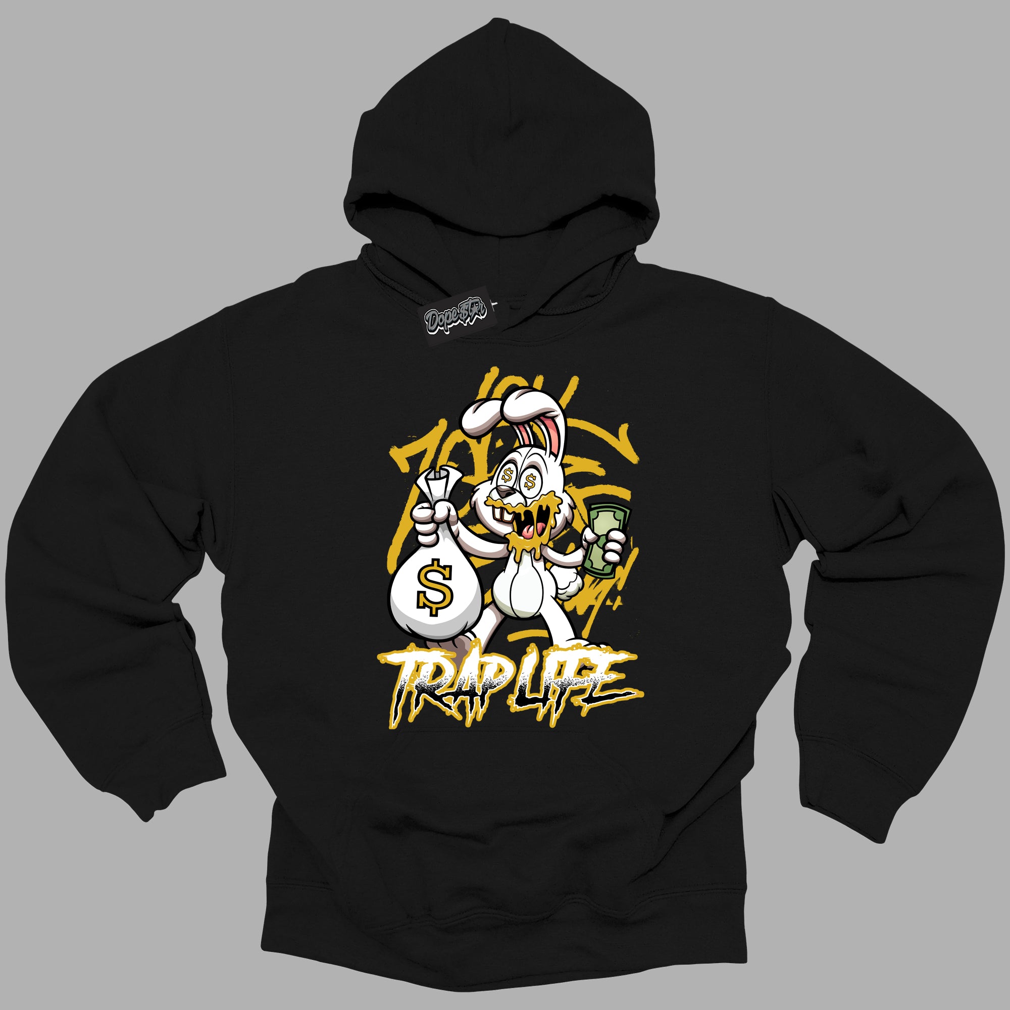 Cool Black Hoodie with “ Trap Rabbit ” design that Perfectly Matches Yellow Ochre 6s Sneakers.