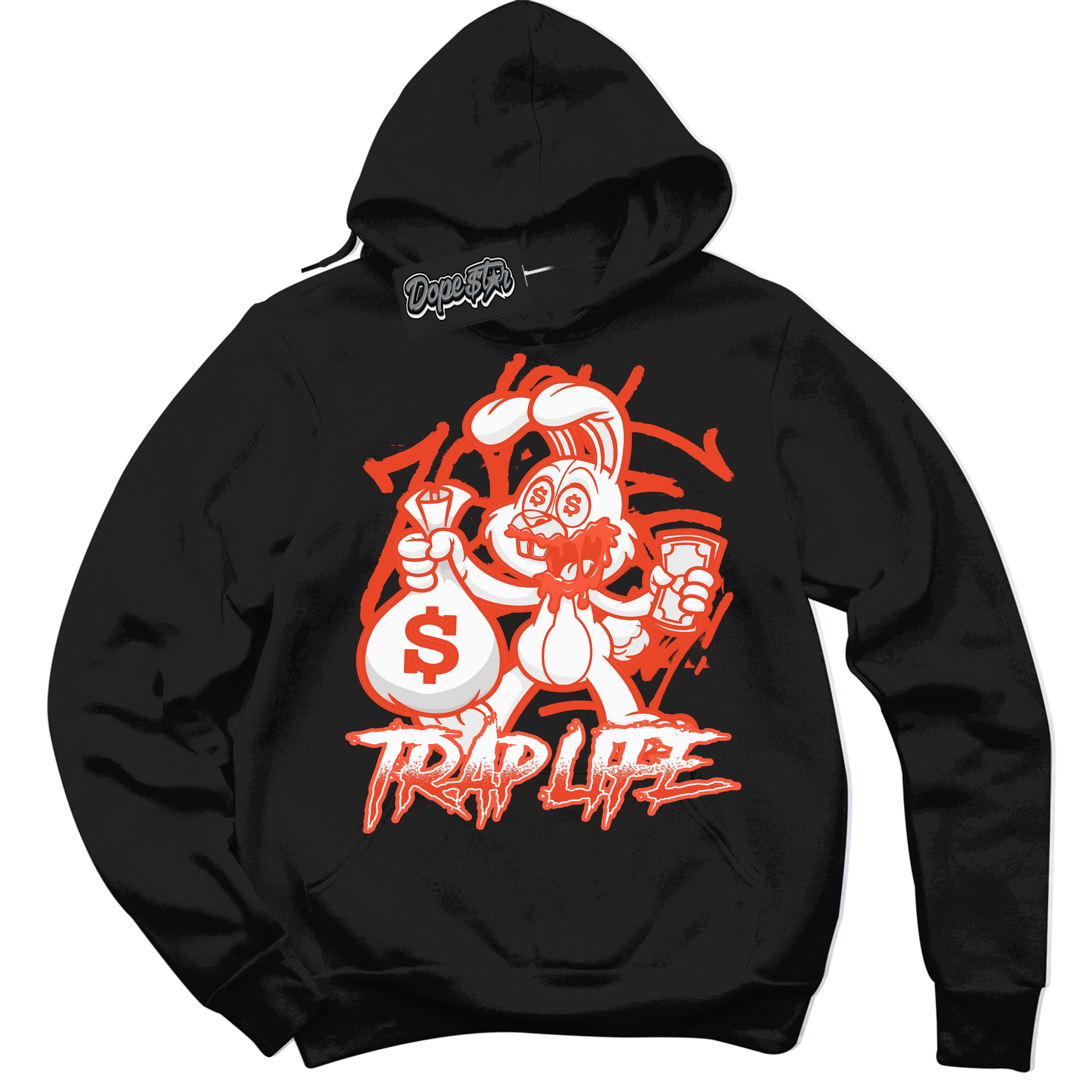 Nike Dunk Low Retro Cosmic Clay 'Trap Rabbit' Hoodie - Black Streetwear Mockup | Sneakerhead Sweatshirt Matching Nike Dunk Low Retro Cosmic Clay | Limited Edition Urban Streetwear for Sneaker Matching OOTD | Outfits that pair perfectly with your ND Low Retro Cosmic Clay | Sneakerhead Fashion Must-Have Apparel for Men and Women.