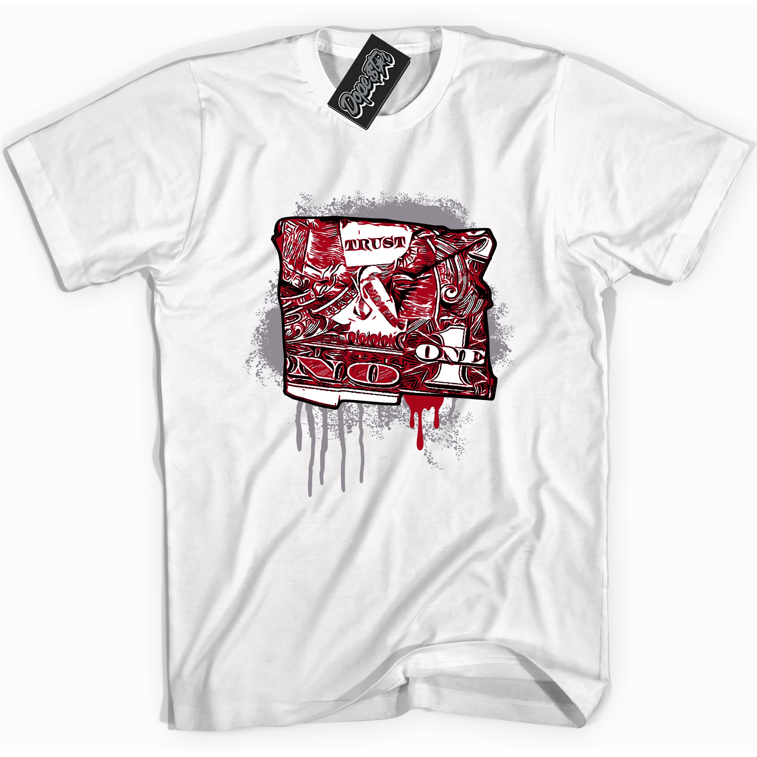 Cool White Shirt with “ Trust No One Dollar” design that perfectly matches Bred Reimagined 4s Jordans.
