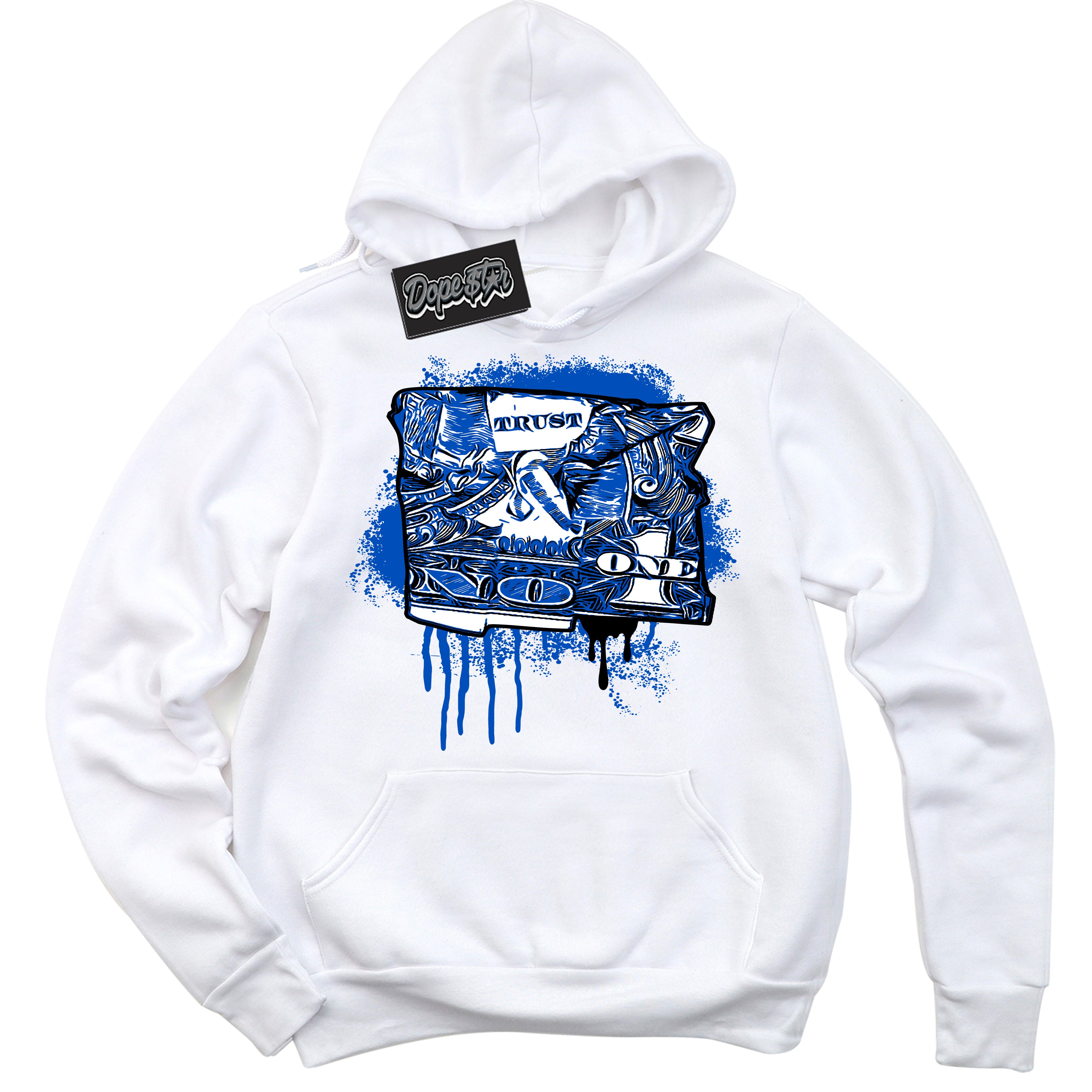 Dunk Low Astronomy Blue 'Trust No One Dollar' Hoodie – White Streetwear Sweatshirt | Sneaker Matching Hoodie for Dunk Low Astronomy Blue | Men's & Women's Streetwear Outfit by Sneaker Shirts Outlet.