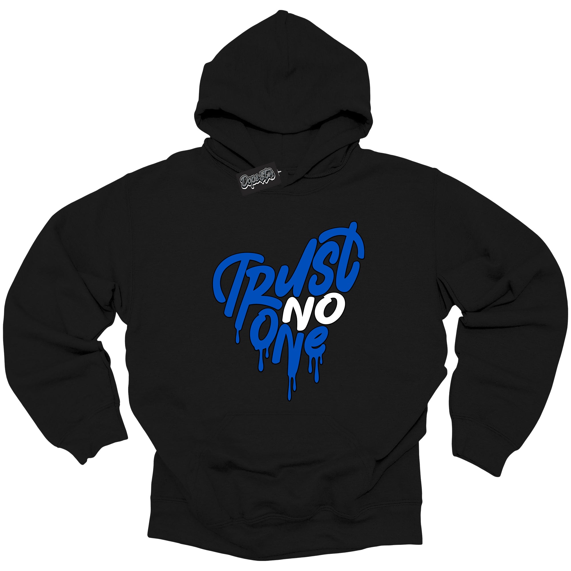 Cool Black Hoodie with “ Trust No One Heart ” design that Perfectly Matches Royal Reimagined 1s Sneakers.